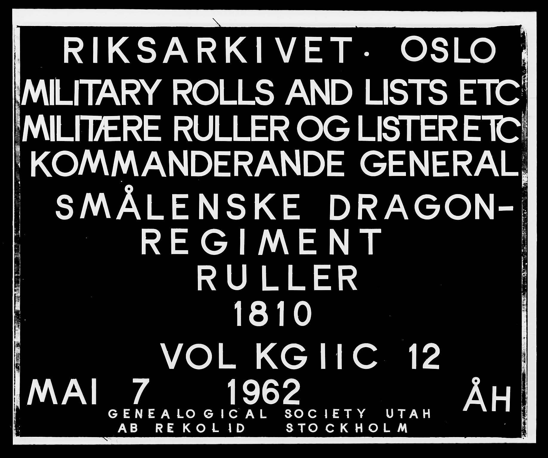 Generalitets- og kommissariatskollegiet, Det kongelige norske kommissariatskollegium, RA/EA-5420/E/Eh/L0012: Smålenske dragonregiment, 1810, s. 1