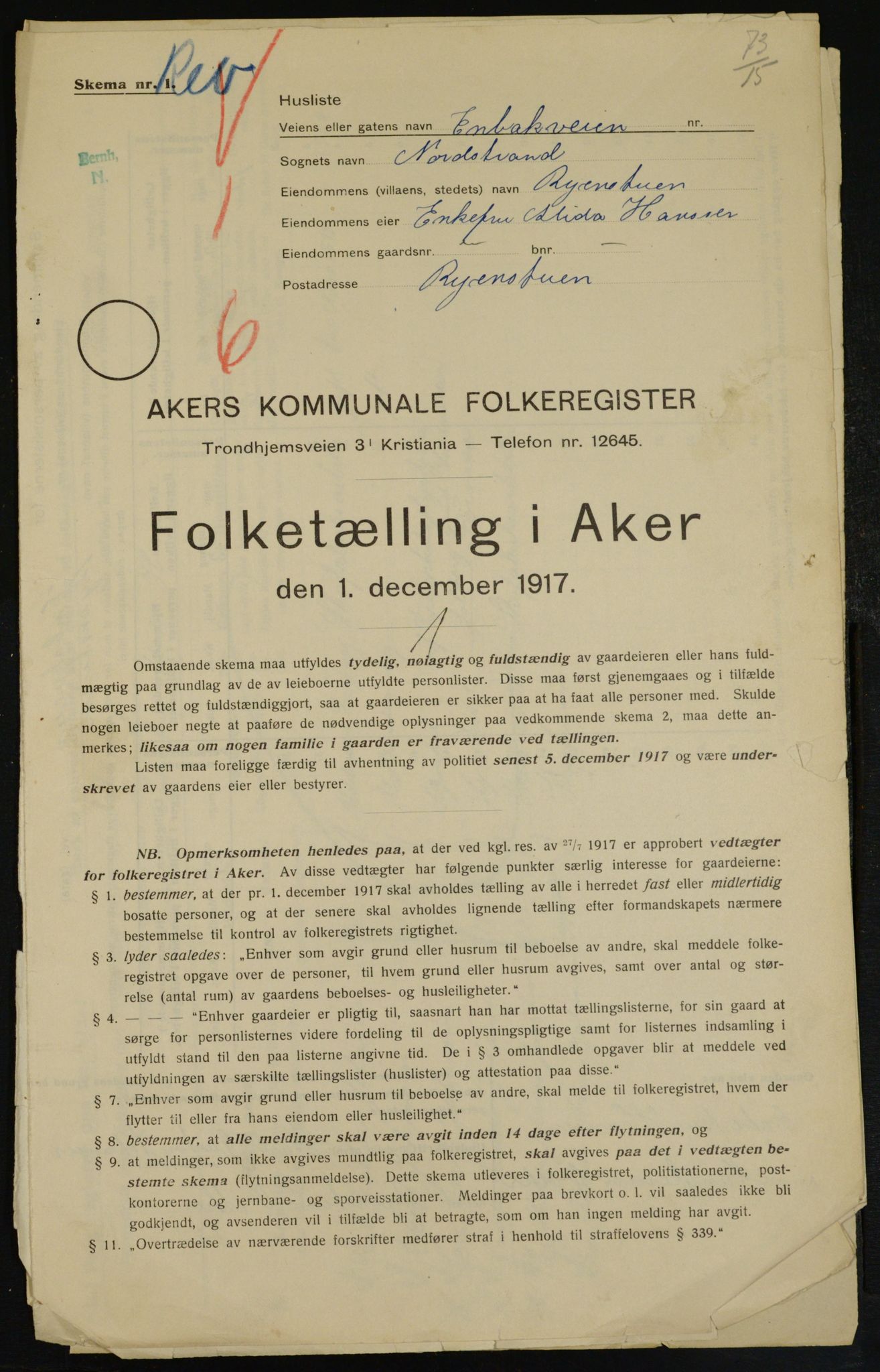 OBA, Kommunal folketelling 1.12.1917 for Aker, 1917, s. 22945