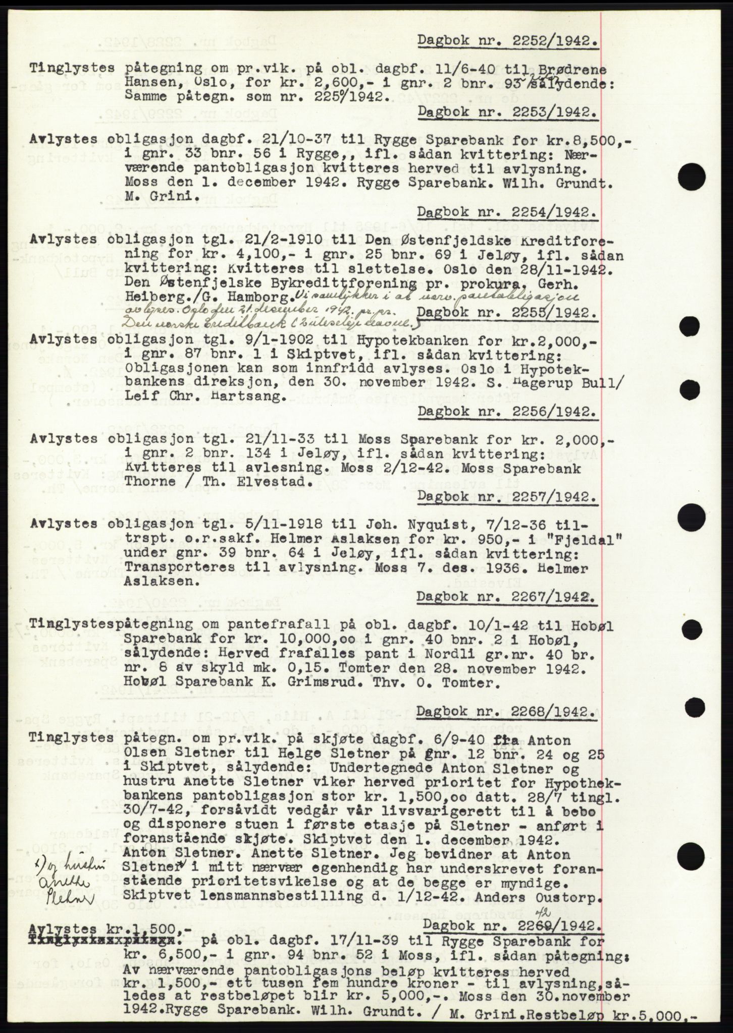 Moss sorenskriveri, SAO/A-10168: Pantebok nr. C10, 1938-1950, Dagboknr: 2252/1942