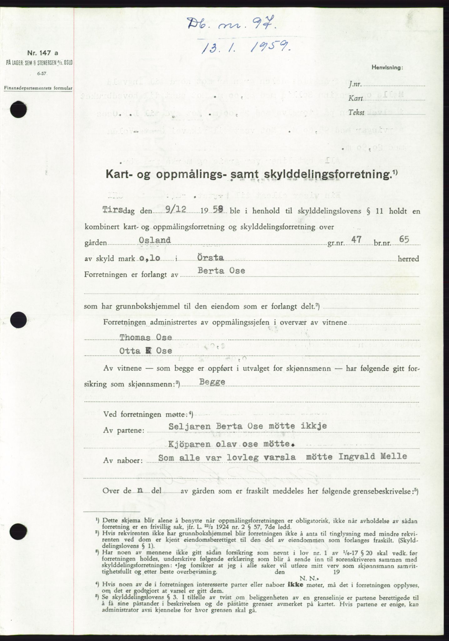 Søre Sunnmøre sorenskriveri, SAT/A-4122/1/2/2C/L0111: Pantebok nr. 37A, 1958-1959, Dagboknr: 97/1959