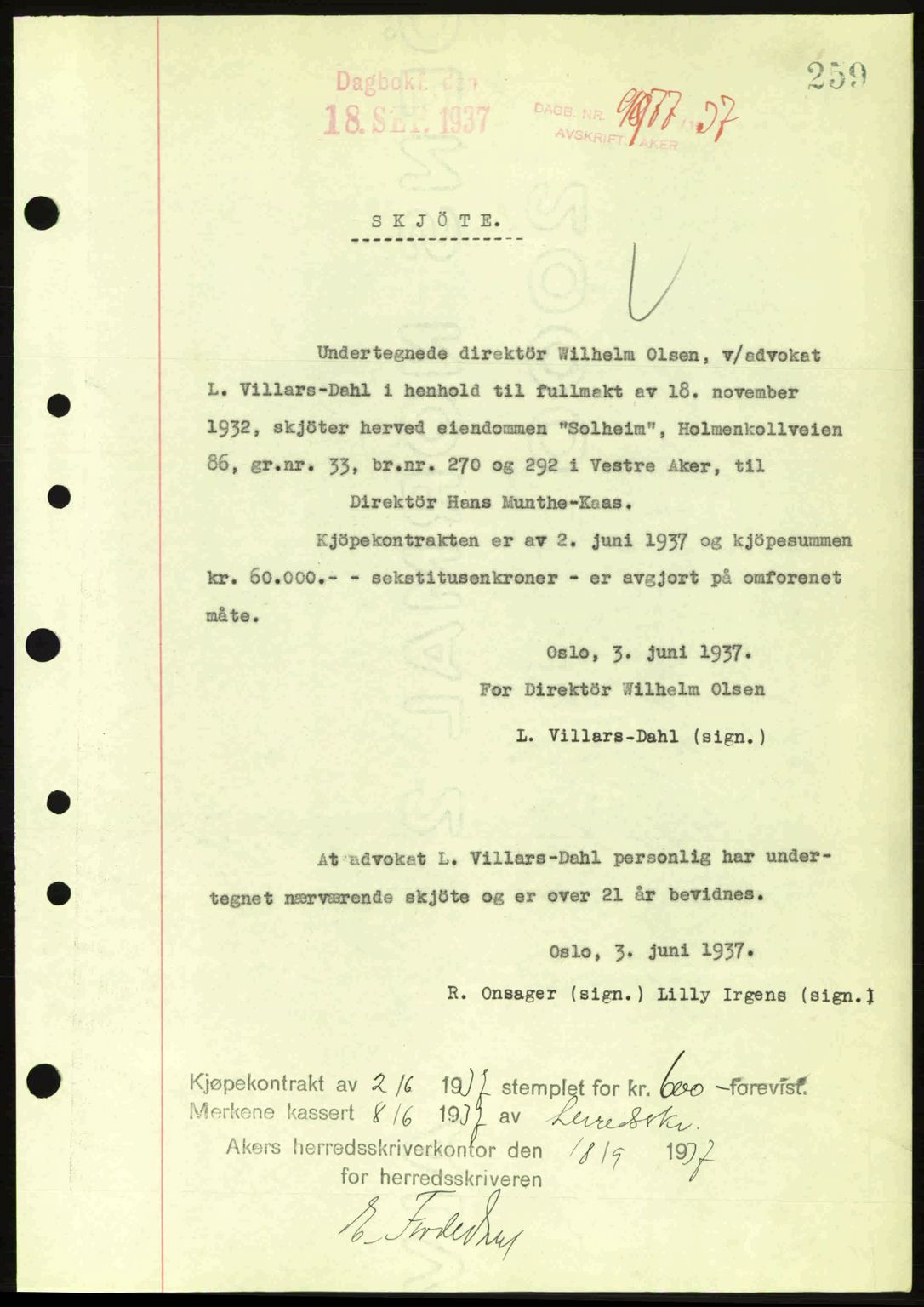 Aker herredsskriveri, SAO/A-10896/G/Gb/Gba/Gbab/L0017: Pantebok nr. A148, 1937-1937, Dagboknr: 9977/1937