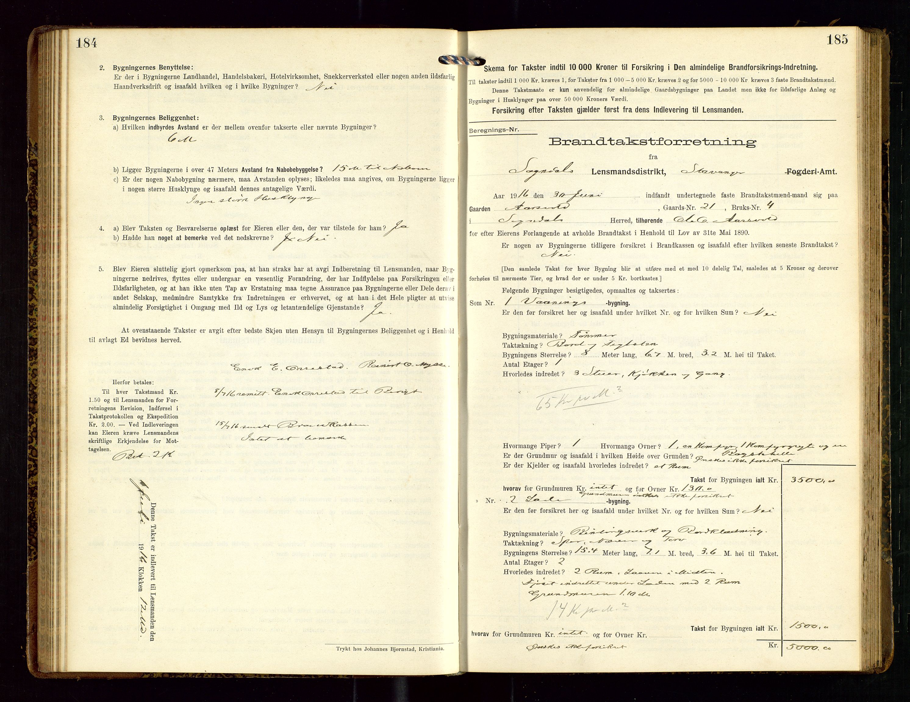 Sokndal lensmannskontor, AV/SAST-A-100417/Gob/L0003: "Brandtakst-Protokol", 1914-1917, s. 184-185