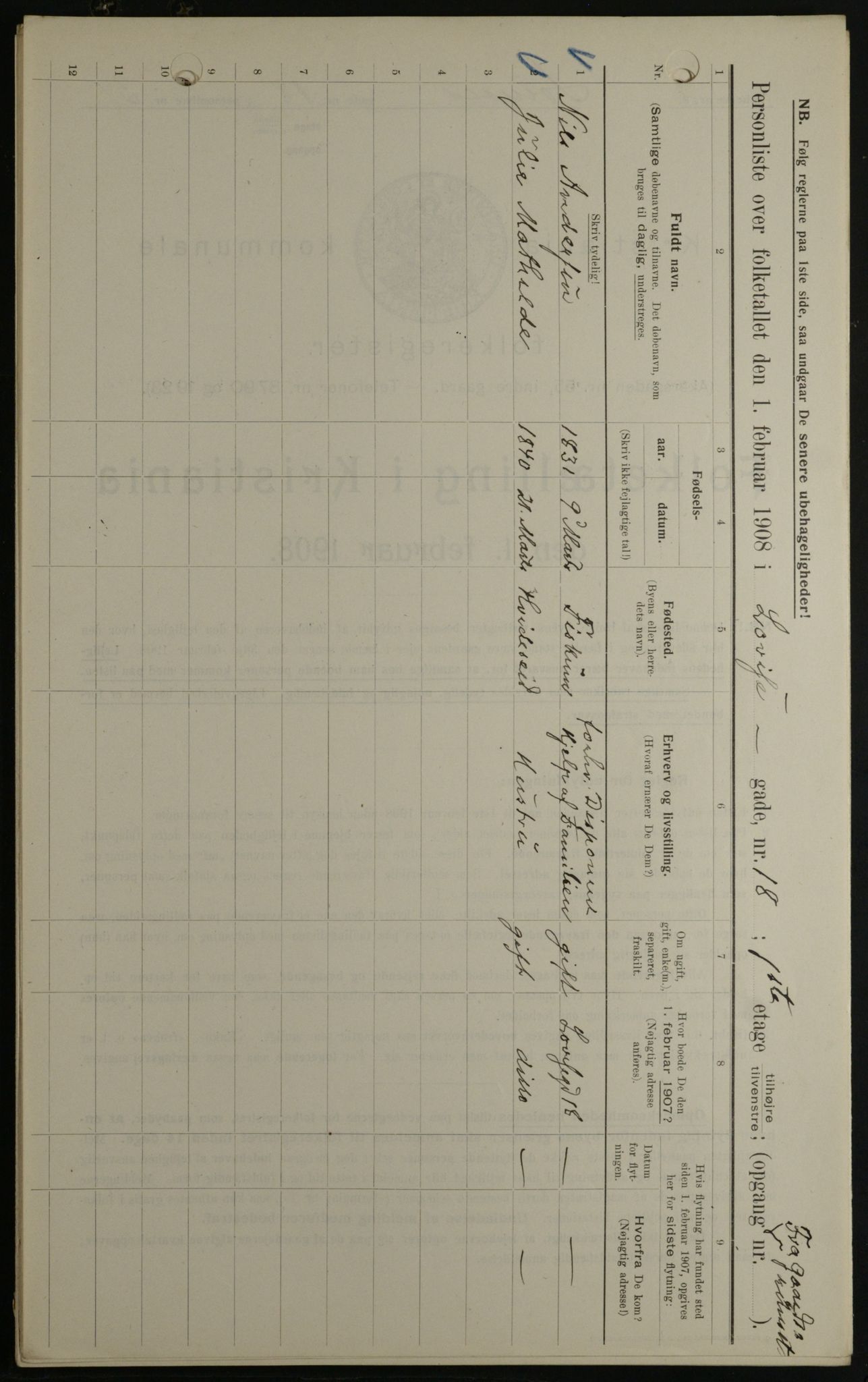 OBA, Kommunal folketelling 1.2.1908 for Kristiania kjøpstad, 1908, s. 52294
