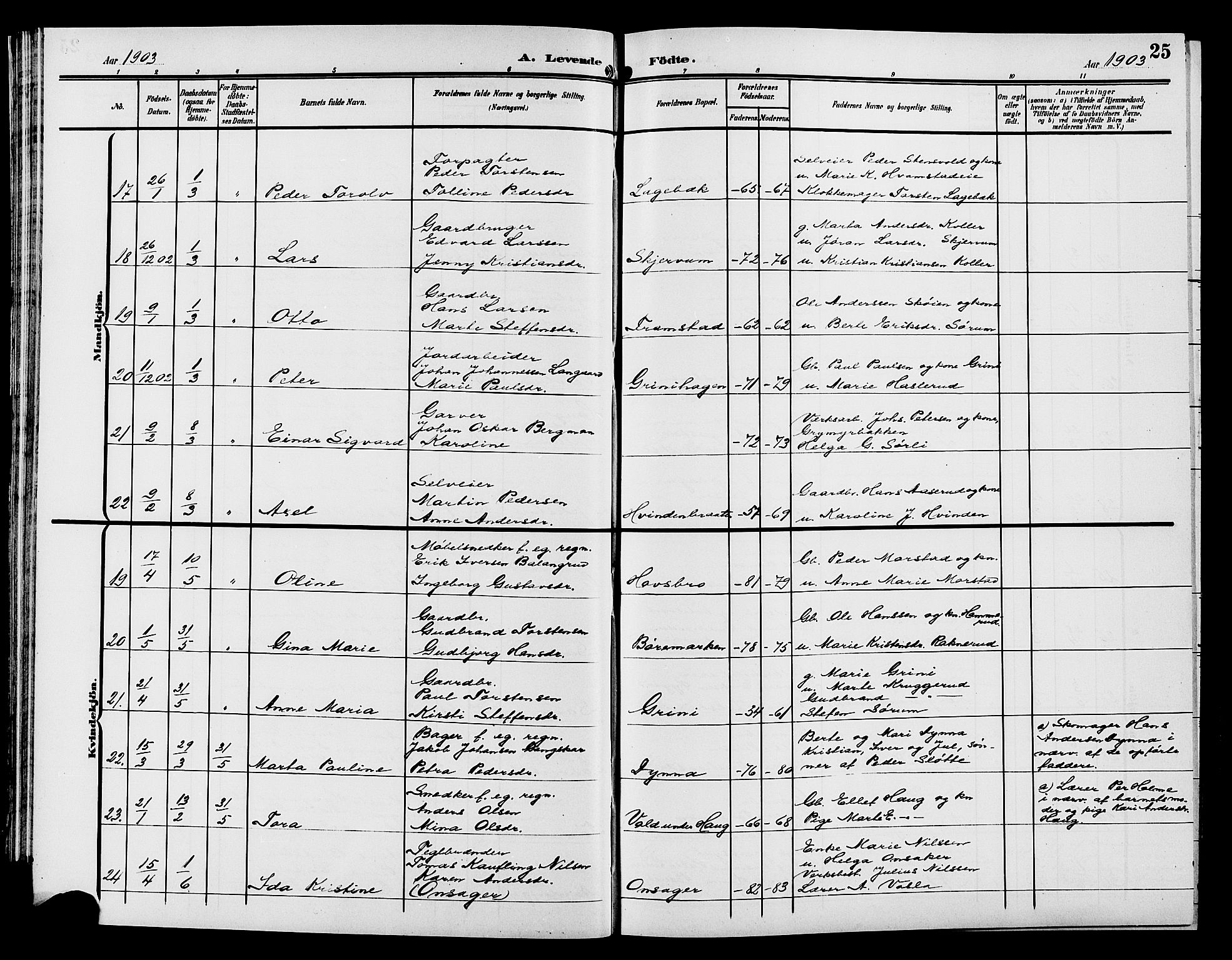 Gran prestekontor, AV/SAH-PREST-112/H/Ha/Hab/L0006: Klokkerbok nr. 6, 1901-1911, s. 25