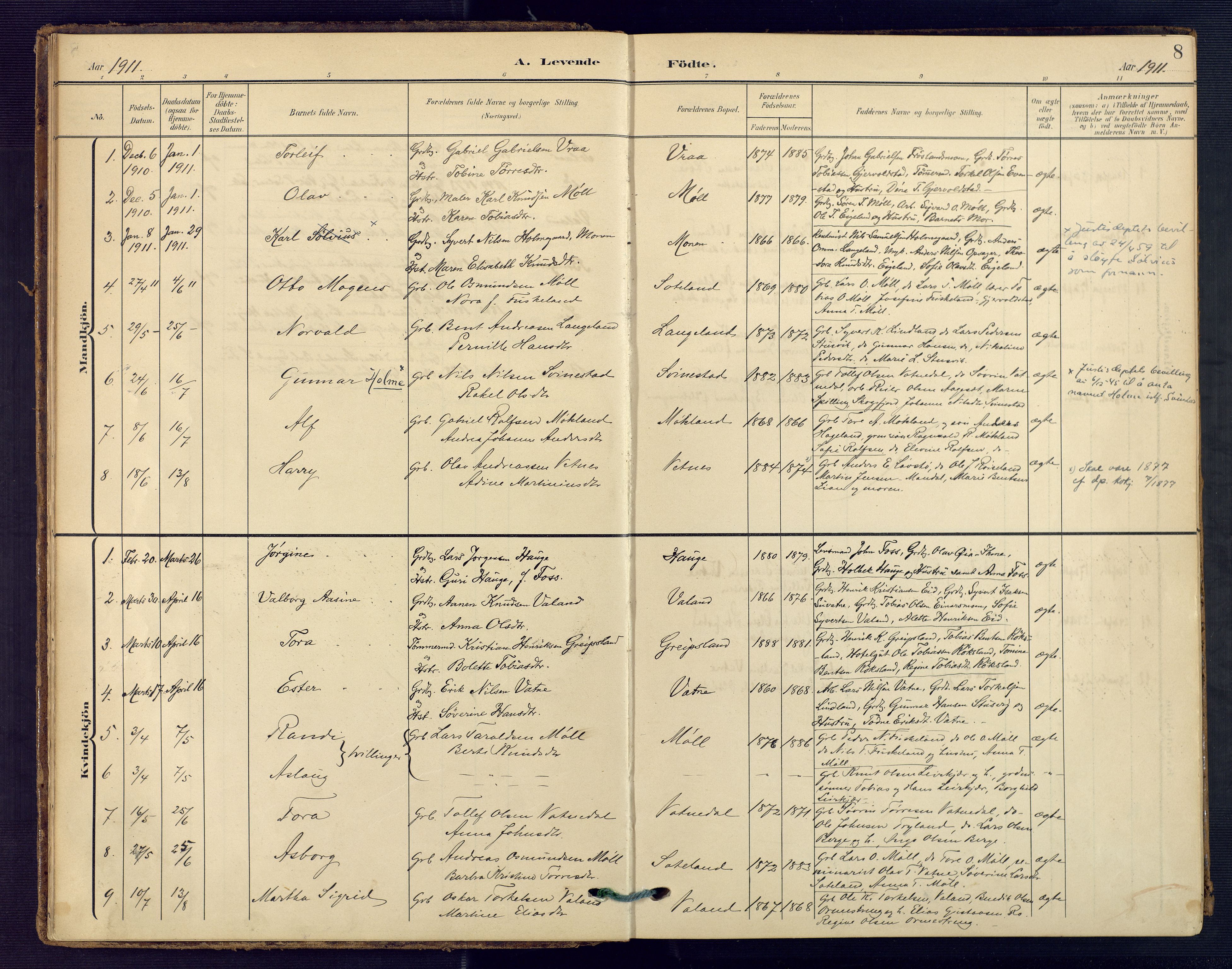 Holum sokneprestkontor, AV/SAK-1111-0022/F/Fa/Faa/L0008: Ministerialbok nr. A 8, 1908-1929, s. 8