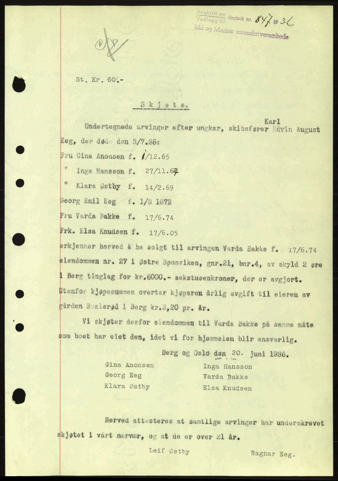 Idd og Marker sorenskriveri, AV/SAO-A-10283/G/Gb/Gbb/L0001: Pantebok nr. A1, 1936-1937, Dagboknr: 847/1936