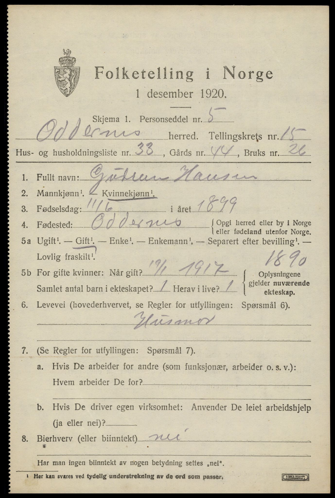 SAK, Folketelling 1920 for 1012 Oddernes herred, 1920, s. 10361