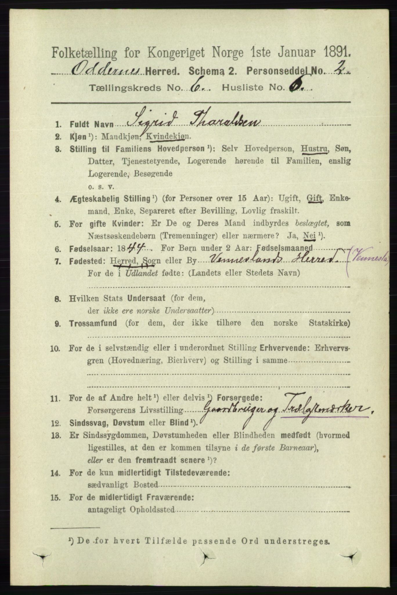 RA, Folketelling 1891 for 1012 Oddernes herred, 1891, s. 2222