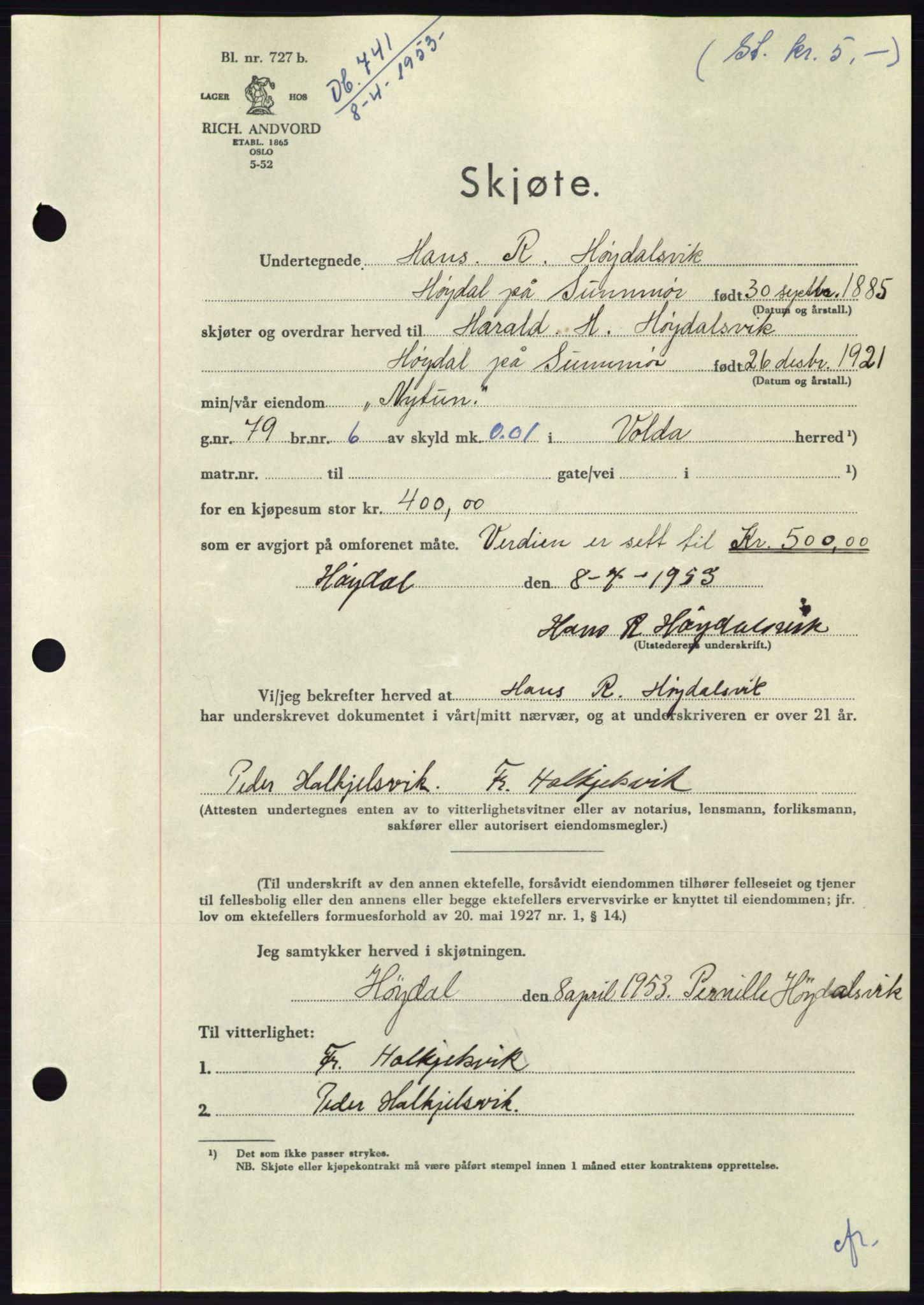 Søre Sunnmøre sorenskriveri, AV/SAT-A-4122/1/2/2C/L0094: Pantebok nr. 20A, 1953-1953, Dagboknr: 741/1953