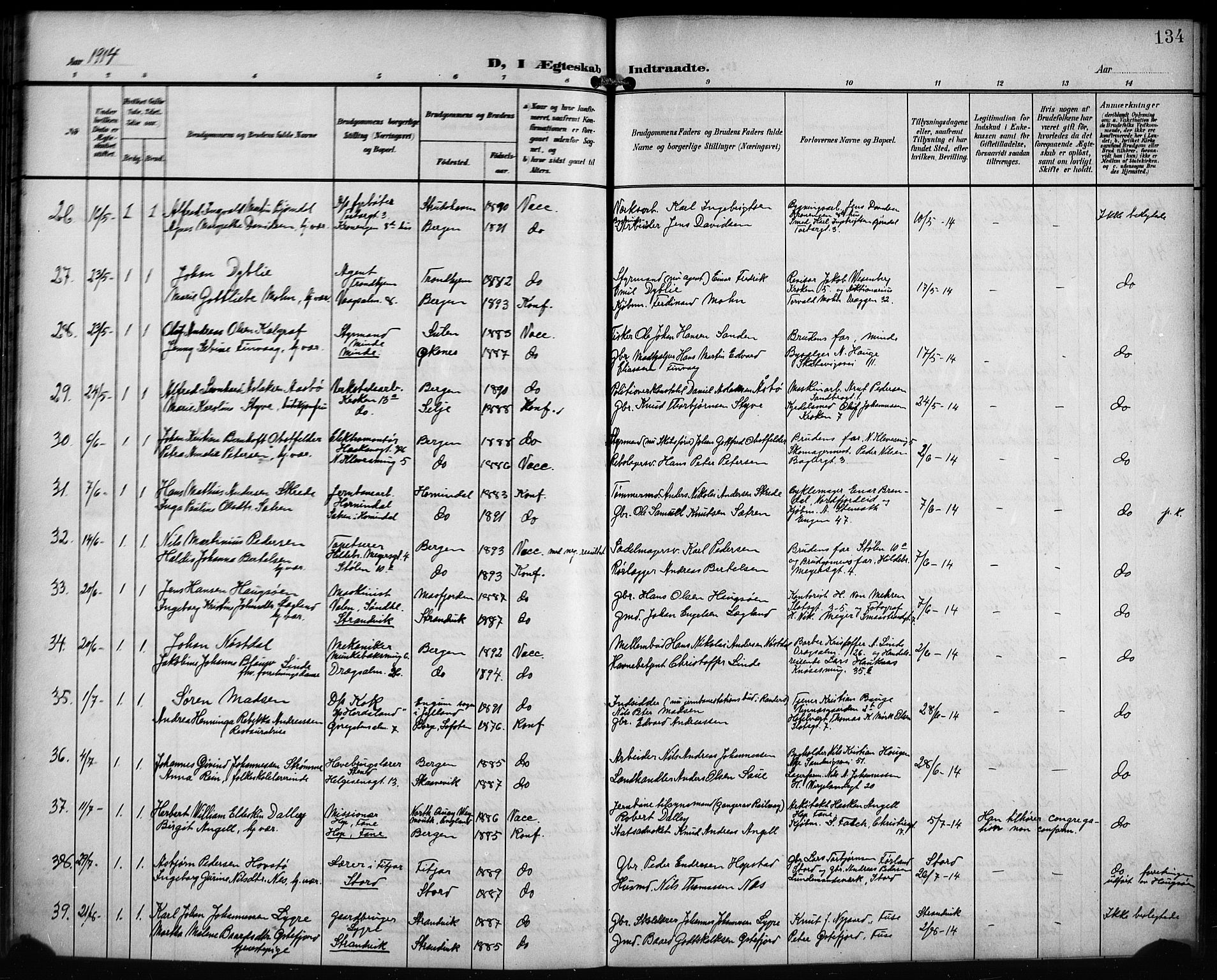 Mariakirken Sokneprestembete, AV/SAB-A-76901/H/Hab/L0009: Klokkerbok nr. A 9, 1901-1919, s. 134