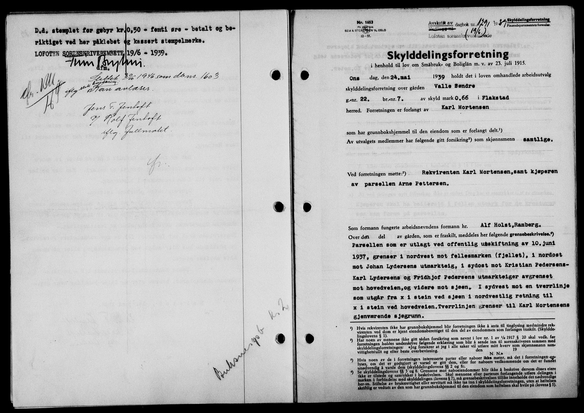 Lofoten sorenskriveri, SAT/A-0017/1/2/2C/L0005a: Pantebok nr. 5a, 1939-1939, Dagboknr: 1291/1939