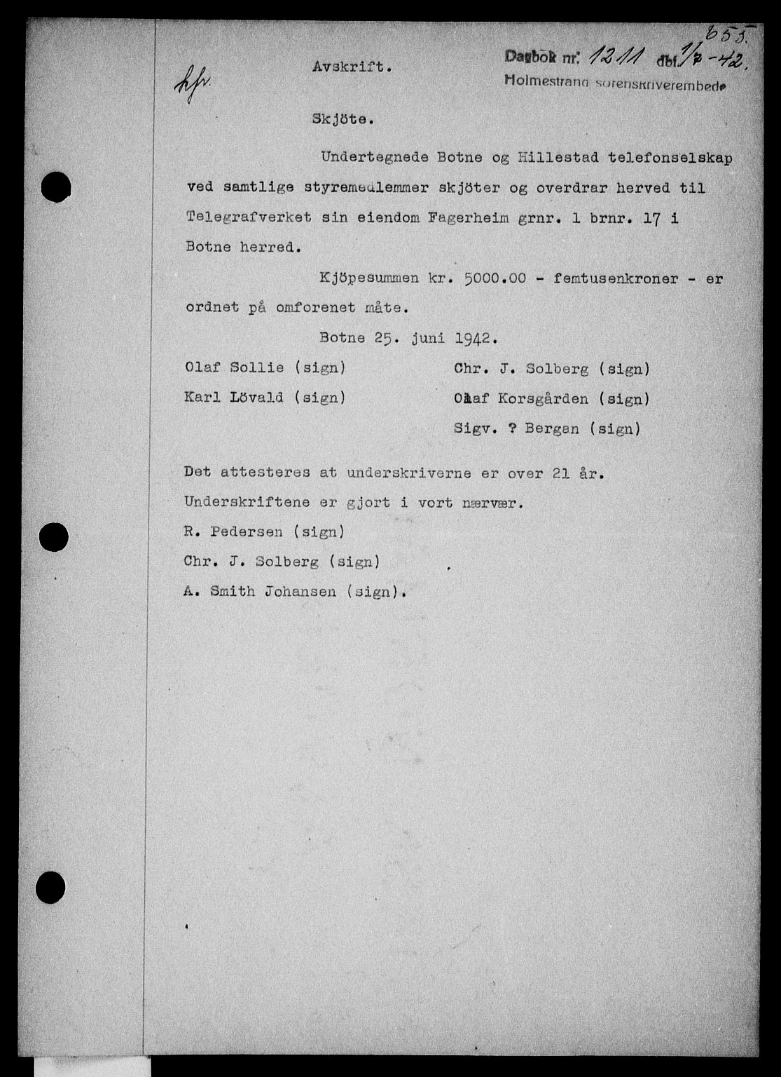 Holmestrand sorenskriveri, SAKO/A-67/G/Ga/Gaa/L0055: Pantebok nr. A-55, 1942-1942, Dagboknr: 1211/1942