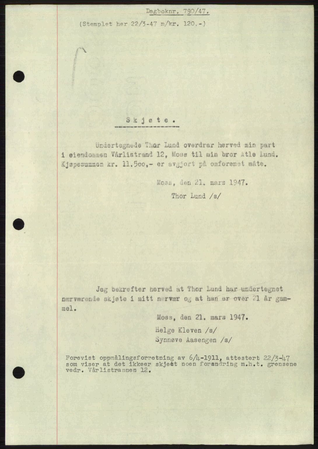 Moss sorenskriveri, SAO/A-10168: Pantebok nr. A17, 1947-1947, Dagboknr: 790/1947