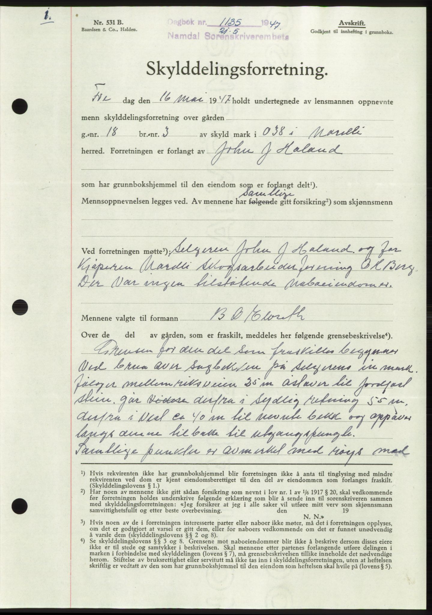Namdal sorenskriveri, SAT/A-4133/1/2/2C: Pantebok nr. -, 1947-1947, Dagboknr: 1135/1947