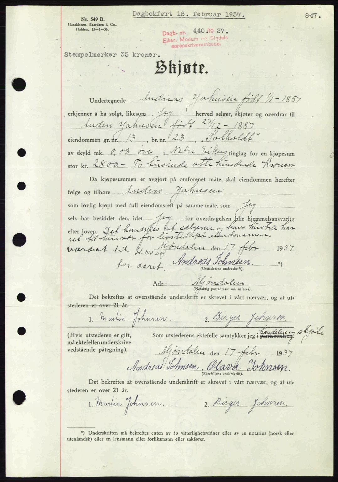 Eiker, Modum og Sigdal sorenskriveri, SAKO/A-123/G/Ga/Gab/L0034: Pantebok nr. A4, 1936-1937, Dagboknr: 440/1937