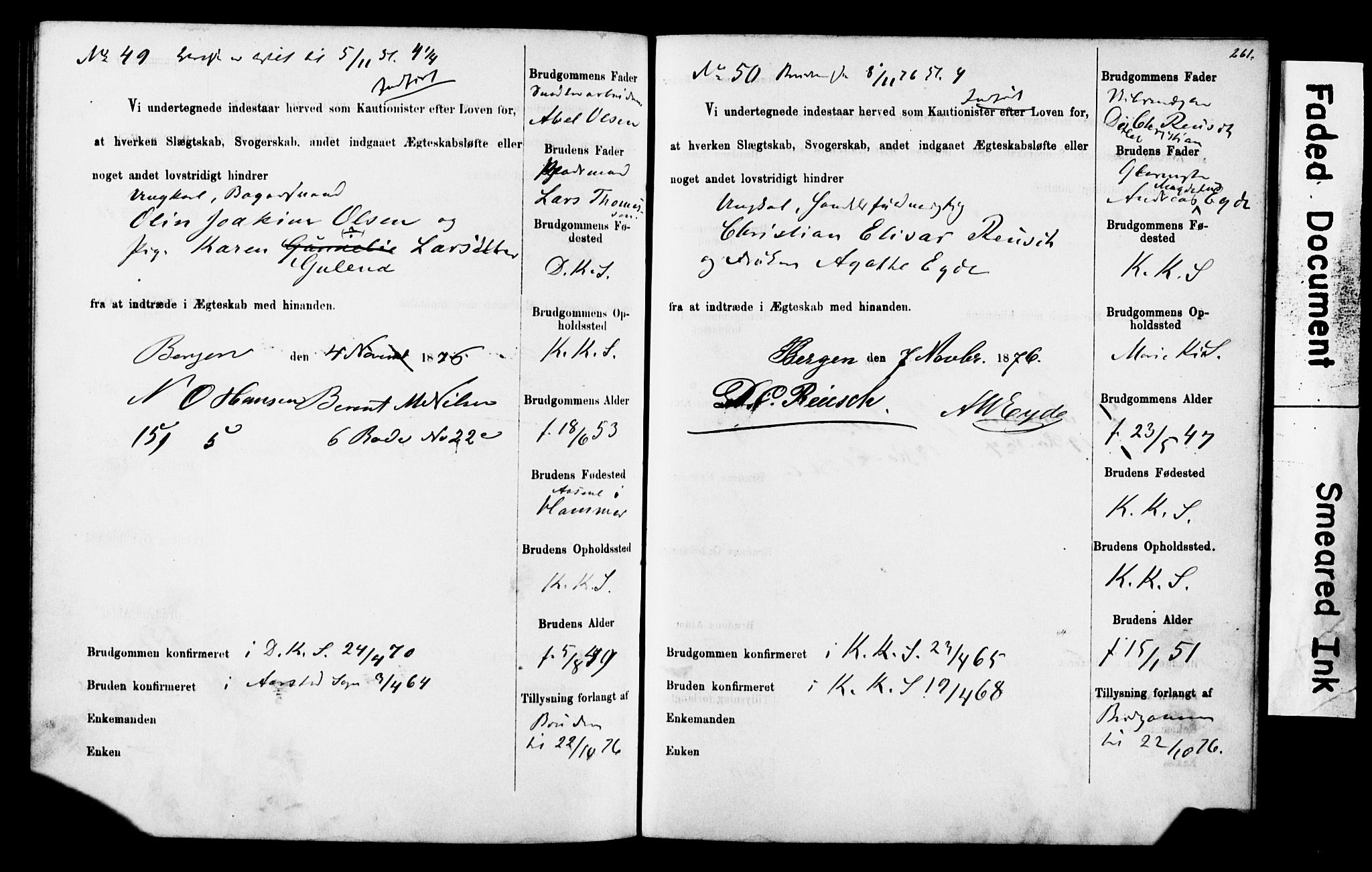 Korskirken sokneprestembete, SAB/A-76101: Forlovererklæringer nr. II.5.4, 1871-1878, s. 261