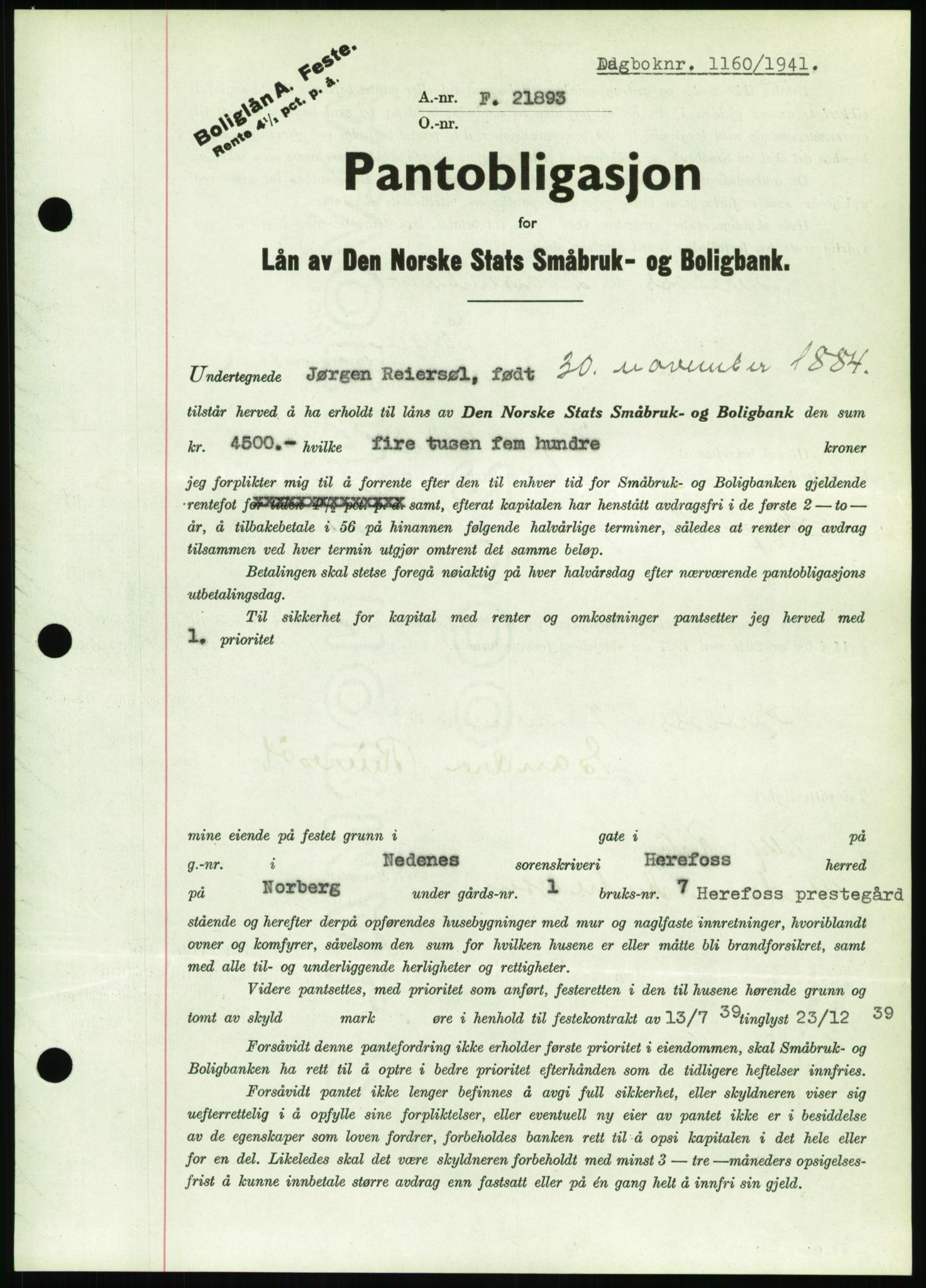 Nedenes sorenskriveri, SAK/1221-0006/G/Gb/Gbb/L0001: Pantebok nr. I, 1939-1942, Dagboknr: 1160/1941