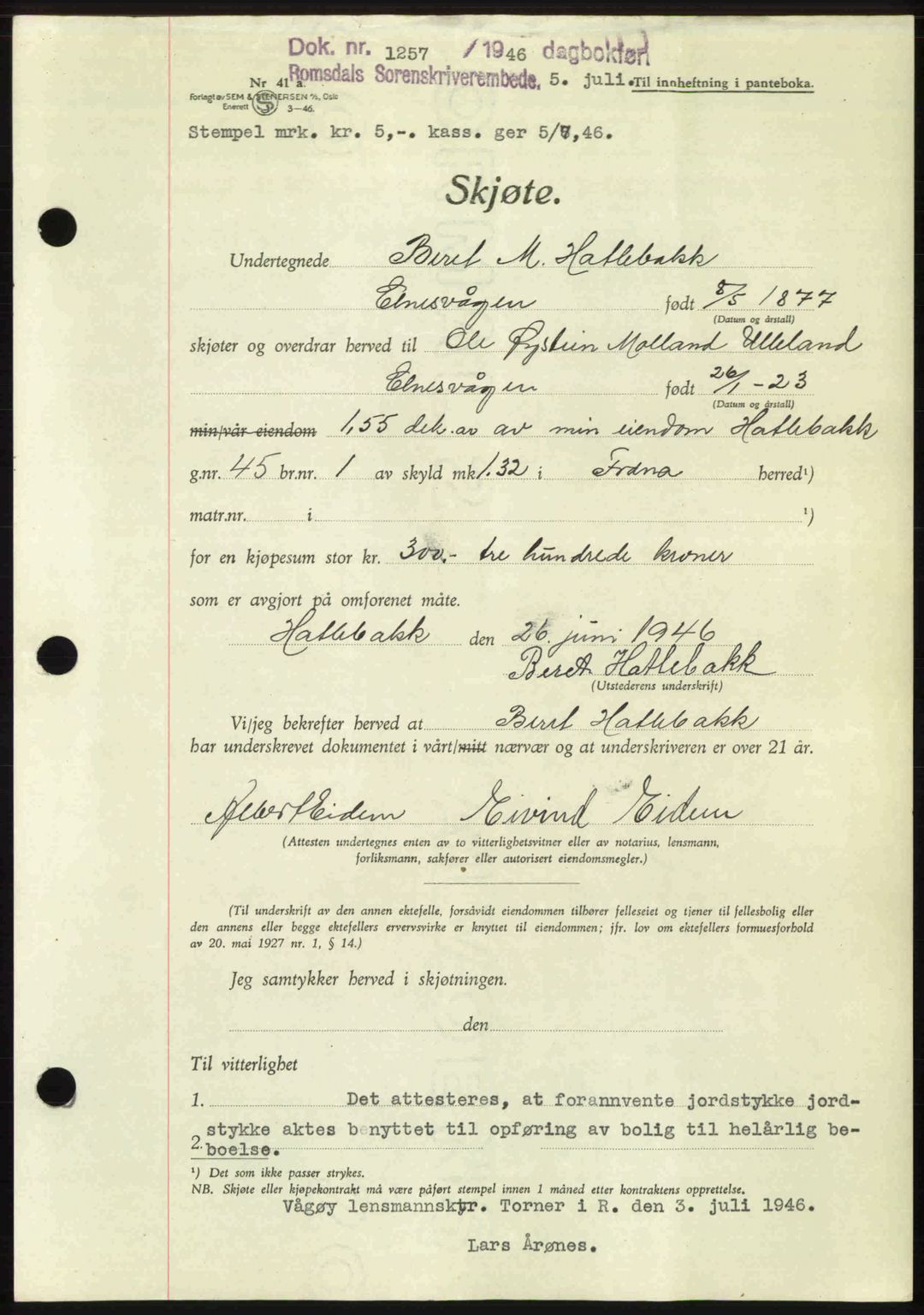 Romsdal sorenskriveri, AV/SAT-A-4149/1/2/2C: Pantebok nr. A20, 1946-1946, Dagboknr: 1257/1946