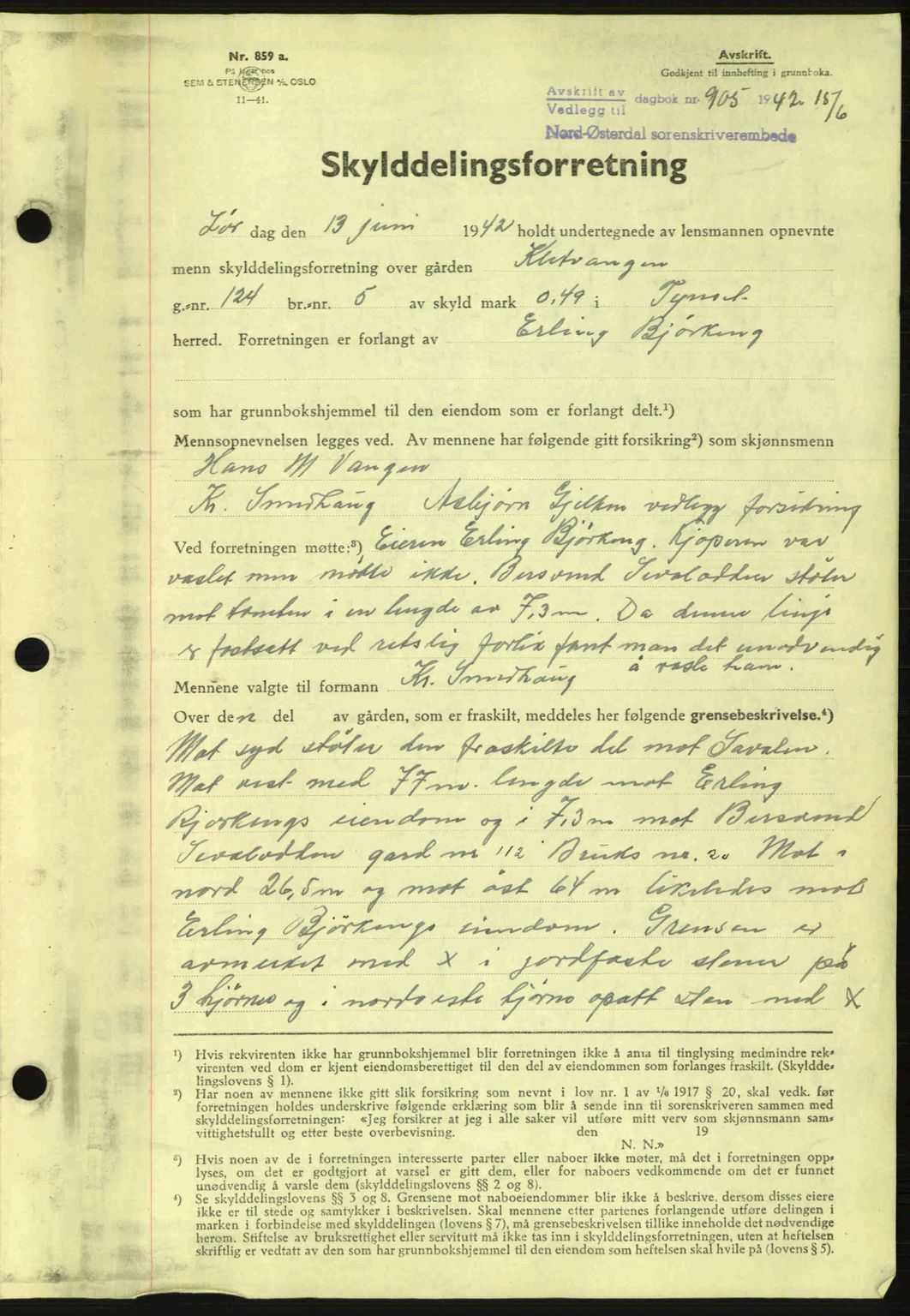 Nord-Østerdal tingrett, AV/SAH-TING-020/H/Hb/Hbb/L0010: Pantebok nr. A10, 1942-1943, Dagboknr: 905/1942