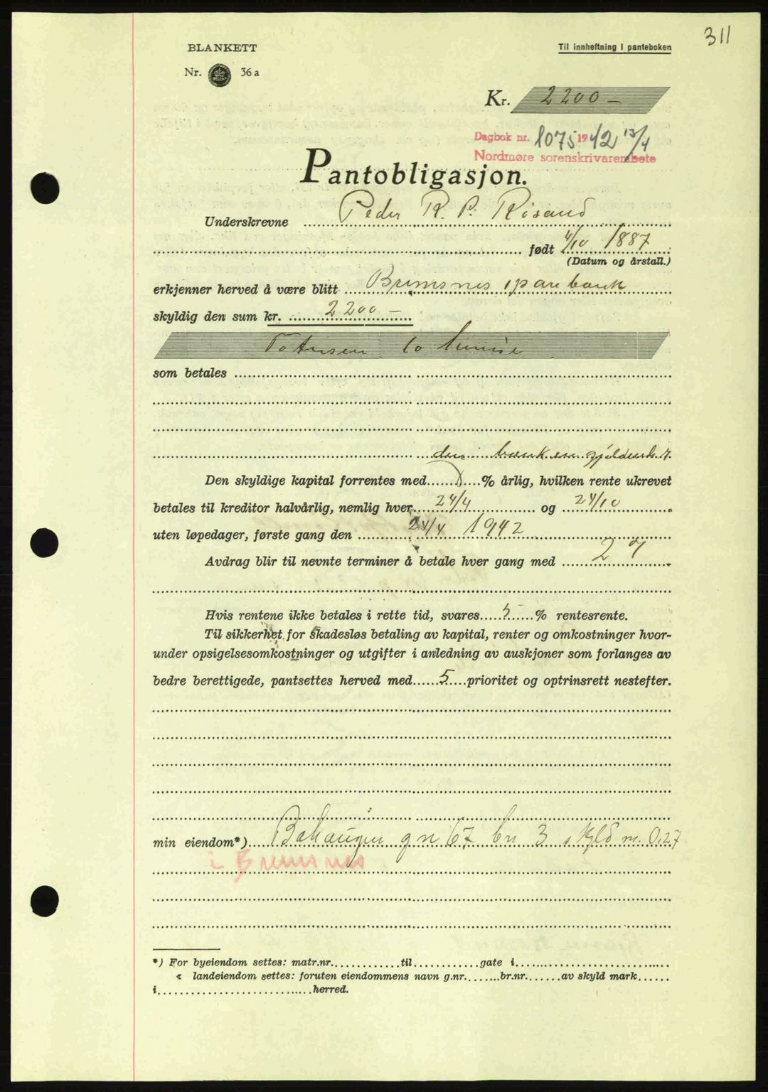 Nordmøre sorenskriveri, AV/SAT-A-4132/1/2/2Ca: Pantebok nr. B89, 1942-1942, Dagboknr: 1075/1942