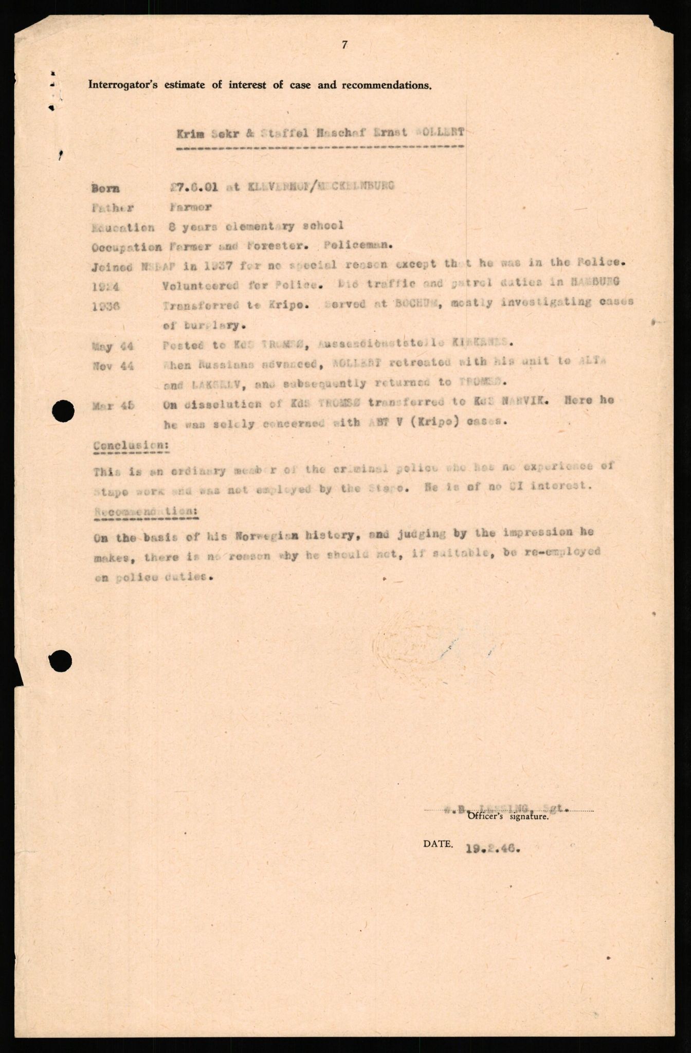 Forsvaret, Forsvarets overkommando II, AV/RA-RAFA-3915/D/Db/L0036: CI Questionaires. Tyske okkupasjonsstyrker i Norge. Tyskere., 1945-1946, s. 451