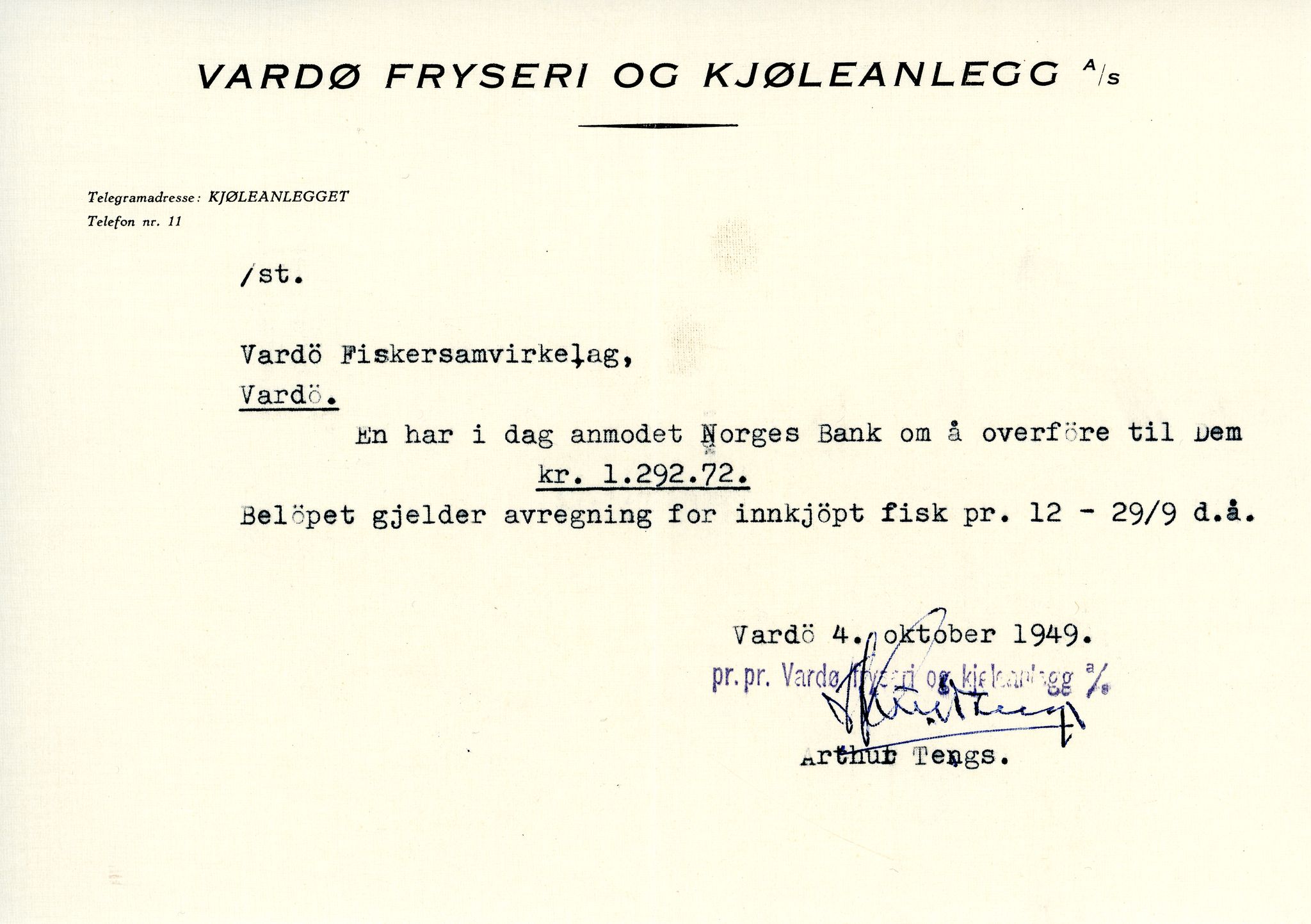 Vardø Fiskersamvirkelag, VAMU/A-0037/D/Da/L0008: Korrespondanse Tr-År, 1947-1950