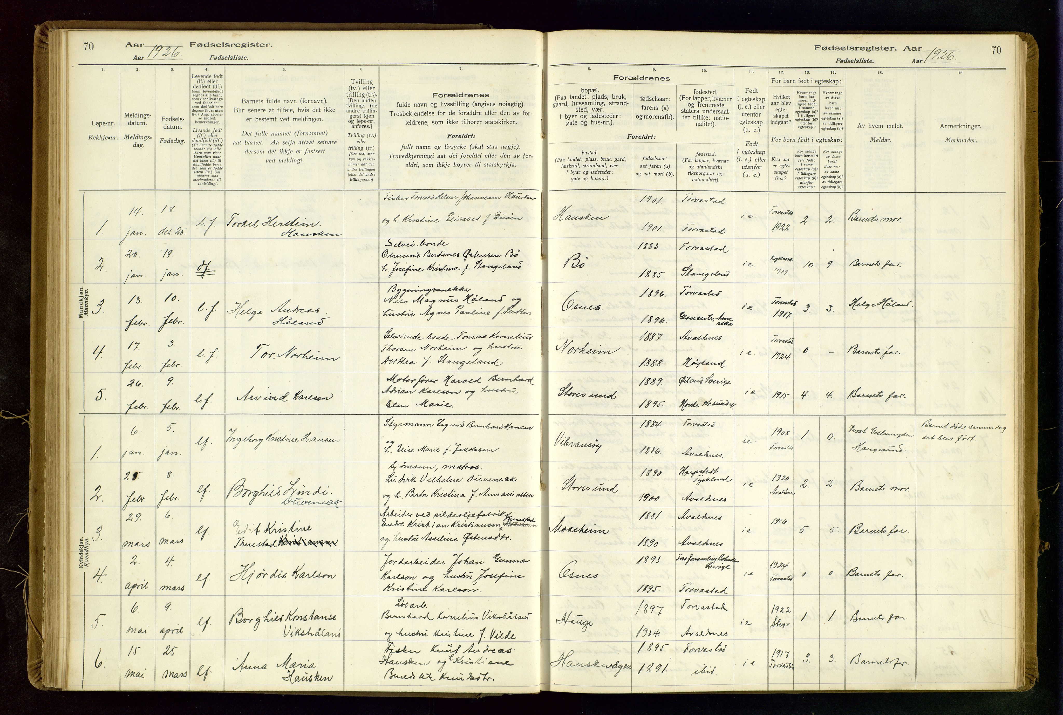 Torvastad sokneprestkontor, SAST/A -101857/I/Id/L0002: Fødselsregister nr. 2, 1916-1950, s. 70