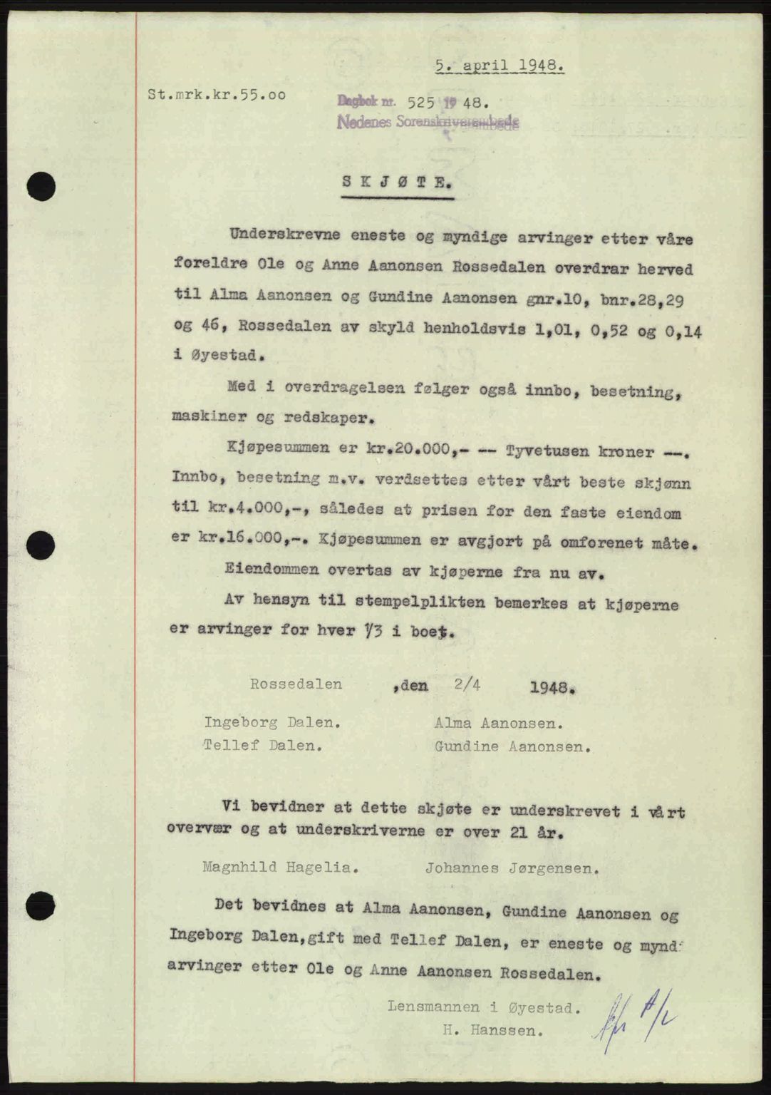 Nedenes sorenskriveri, SAK/1221-0006/G/Gb/Gba/L0059: Pantebok nr. A11, 1948-1948, Dagboknr: 525/1948