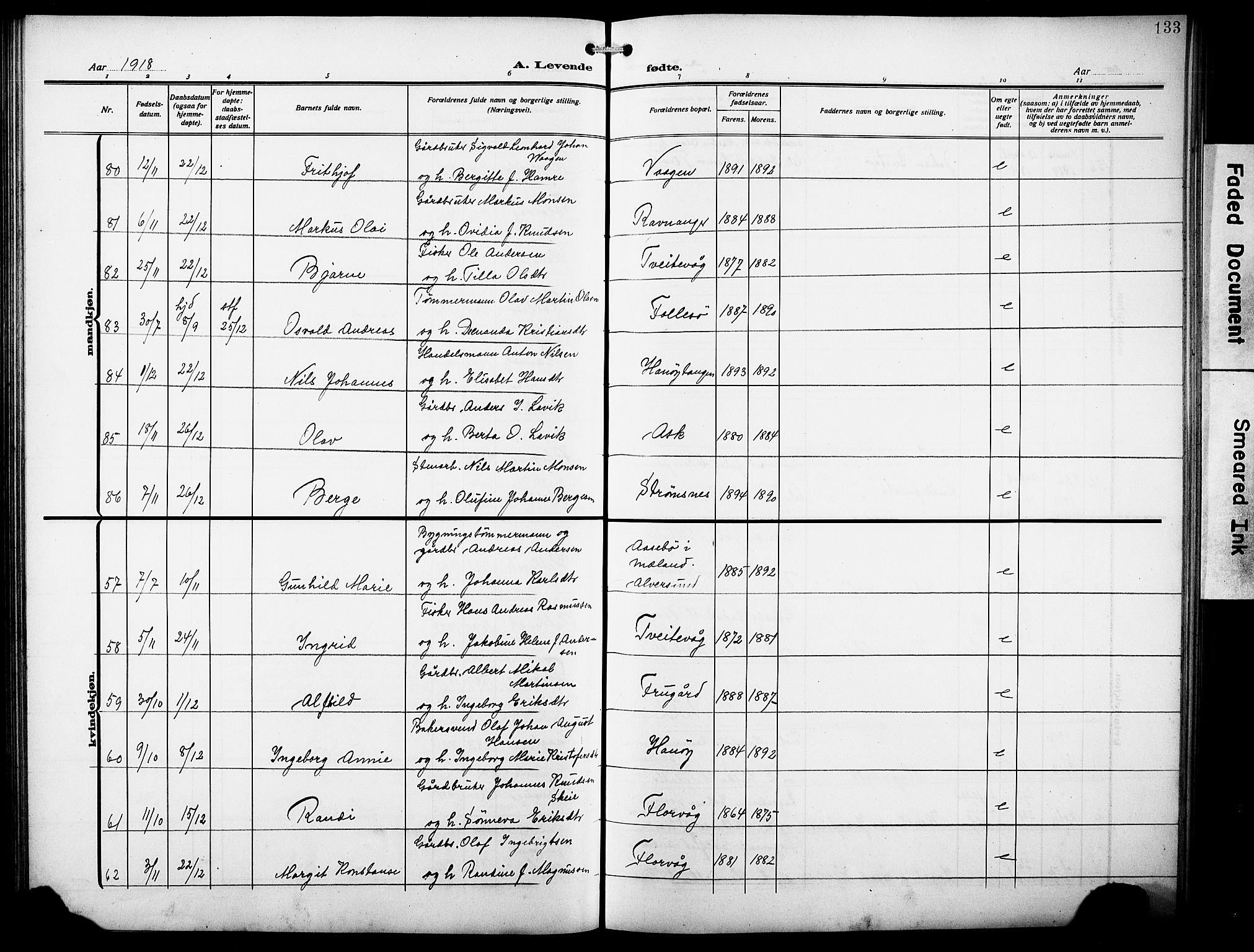 Askøy Sokneprestembete, AV/SAB-A-74101/H/Ha/Hab/Haba/L0011: Klokkerbok nr. A 11, 1908-1931, s. 133