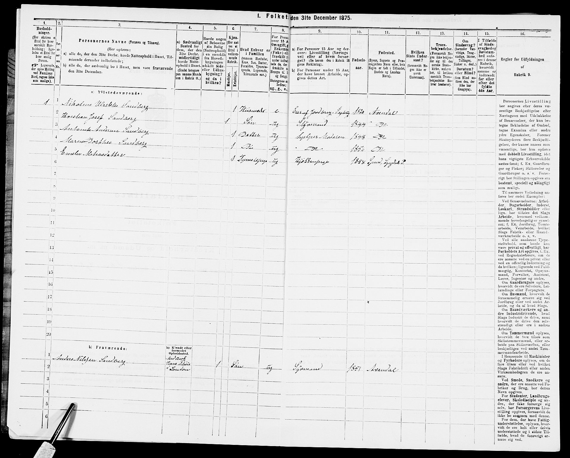 SAK, Folketelling 1875 for 0918P Austre Moland prestegjeld, 1875, s. 1539