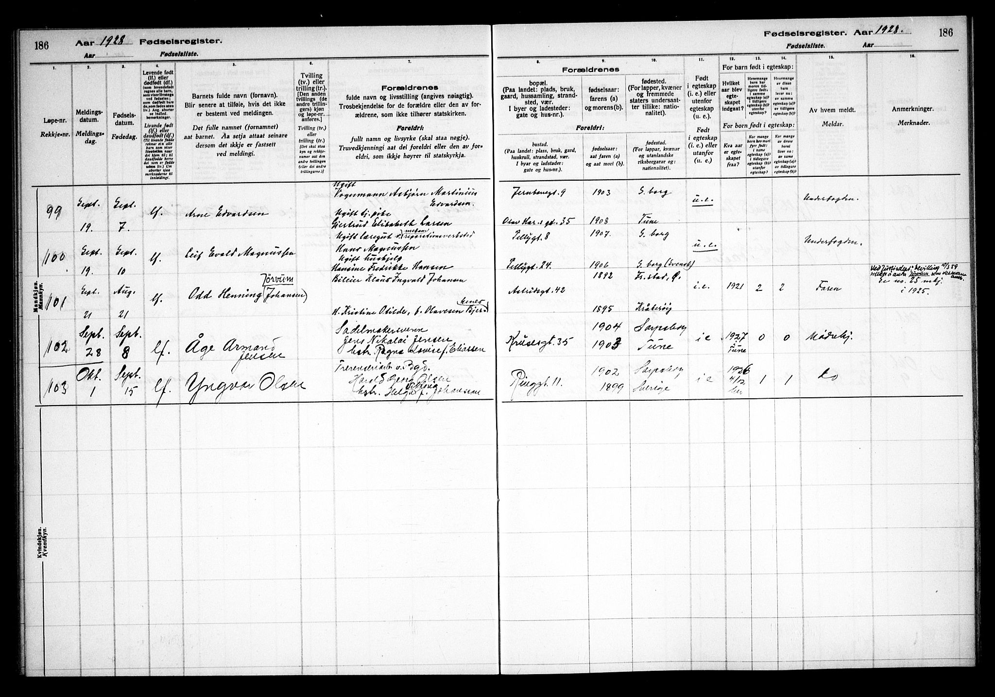 Sarpsborg prestekontor Kirkebøker, AV/SAO-A-2006/J/Ja/L0002: Fødselsregister nr. 2, 1922-1928, s. 186