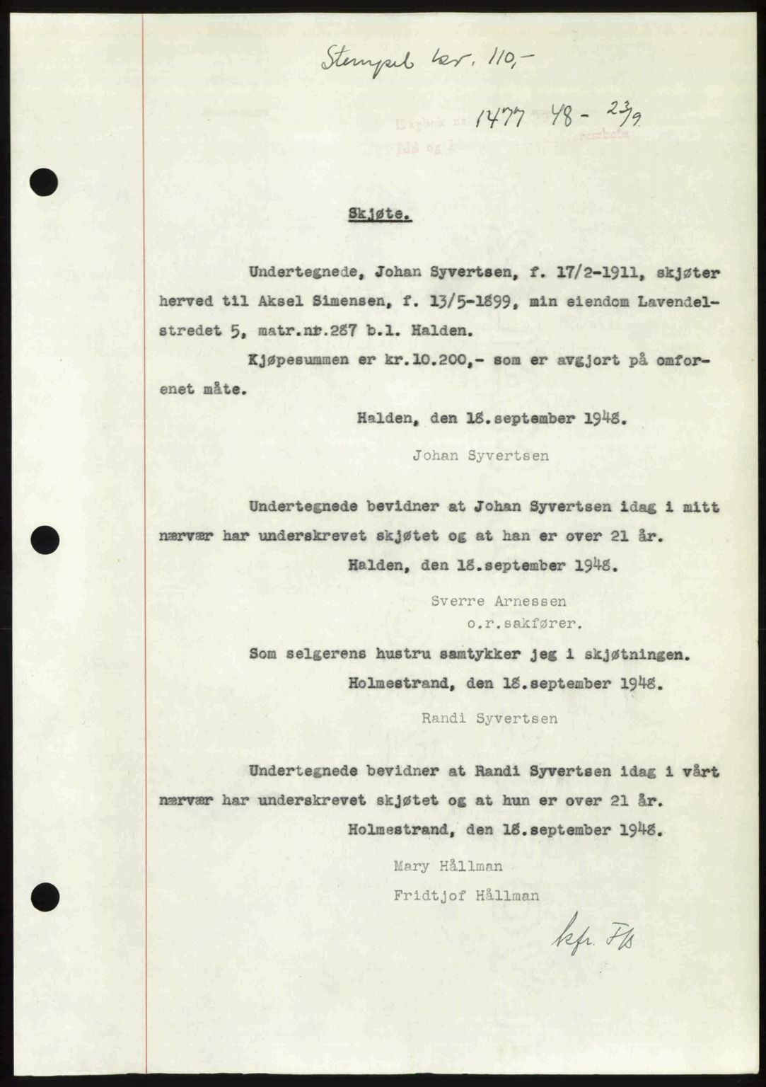 Idd og Marker sorenskriveri, SAO/A-10283/G/Gb/Gbb/L0011: Pantebok nr. A11, 1948-1949, Dagboknr: 1477/1948