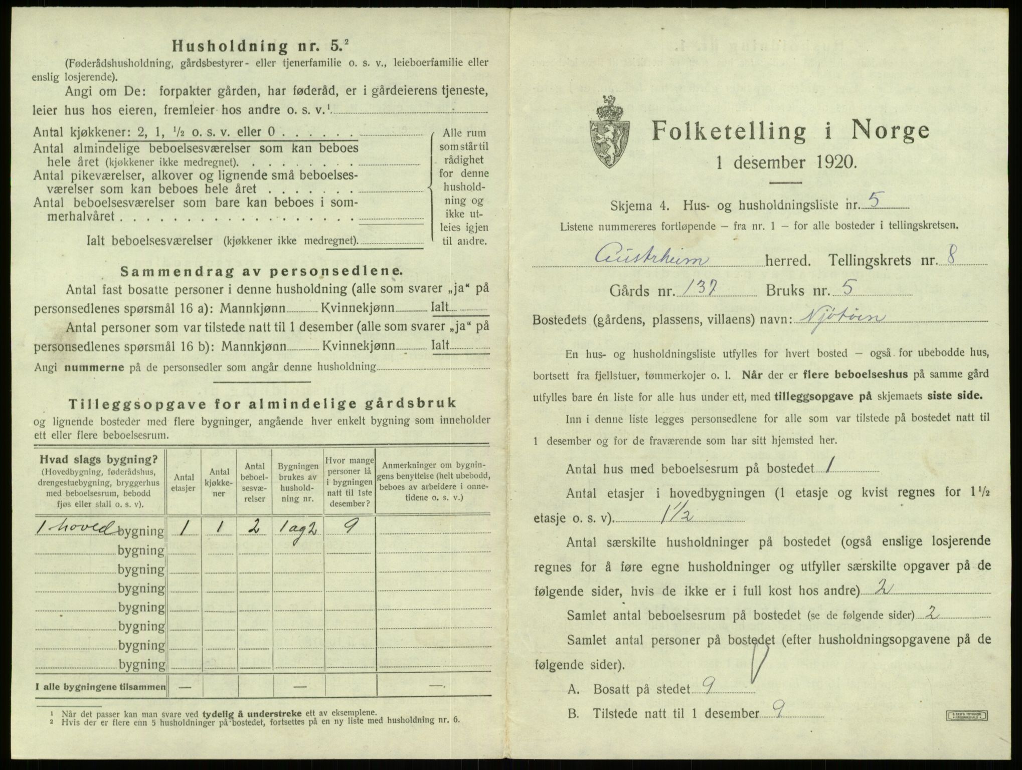 SAB, Folketelling 1920 for 1264 Austrheim herred, 1920, s. 392