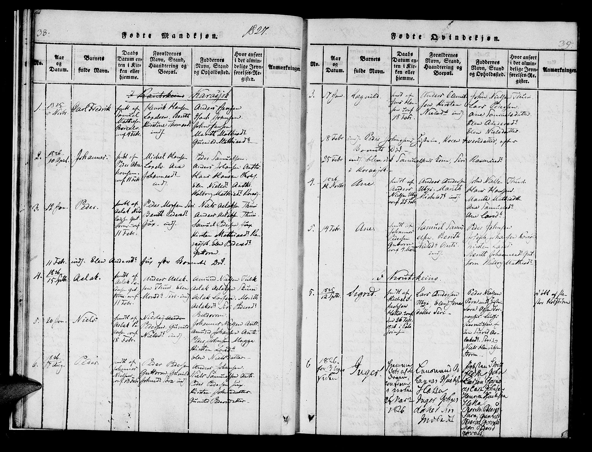Kistrand/Porsanger sokneprestembete, AV/SATØ-S-1351/H/Hb/L0001.klokk: Klokkerbok nr. 1, 1821-1829, s. 38-39
