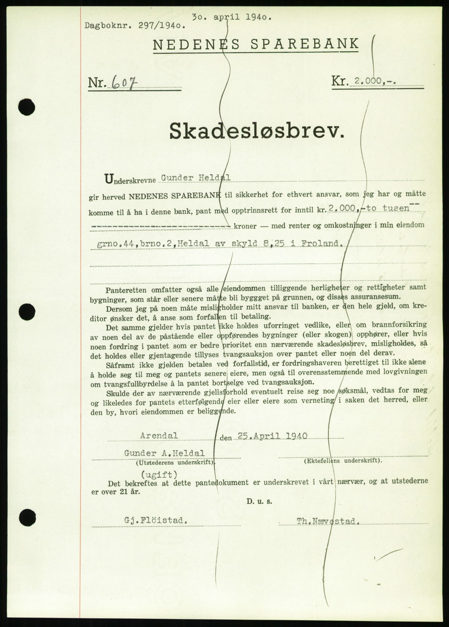 Nedenes sorenskriveri, SAK/1221-0006/G/Gb/Gbb/L0001: Pantebok nr. I, 1939-1942, Dagboknr: 297/1940