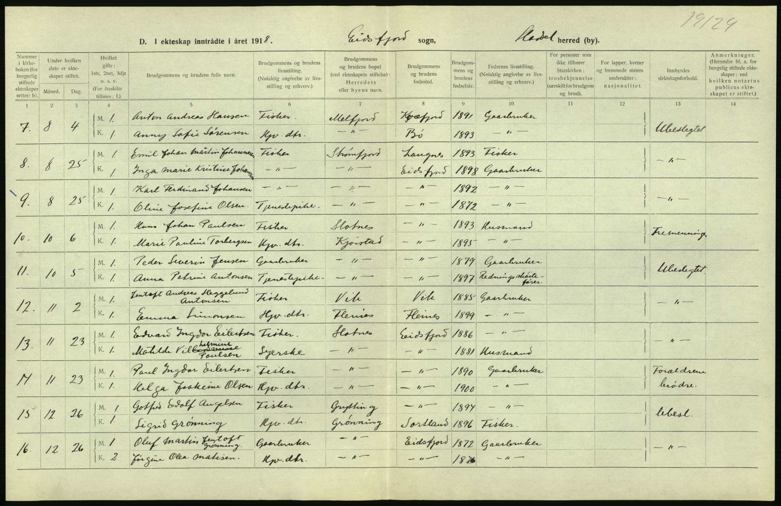 Statistisk sentralbyrå, Sosiodemografiske emner, Befolkning, AV/RA-S-2228/D/Df/Dfb/Dfbh/L0054: Nordland fylke: Gifte, dødfødte. Bygder og byer., 1918, s. 292