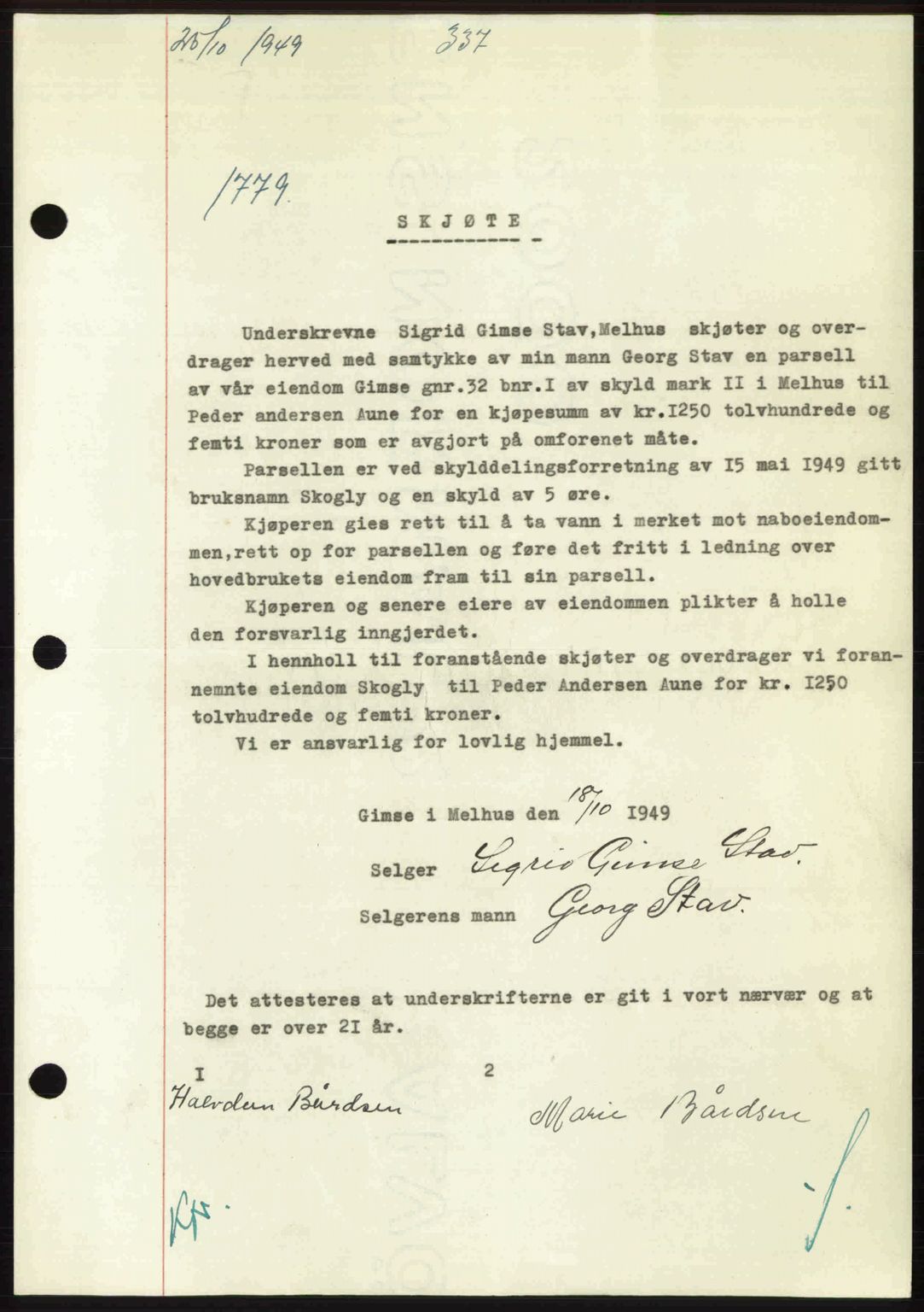 Gauldal sorenskriveri, SAT/A-0014/1/2/2C: Pantebok nr. A8, 1949-1949, Dagboknr: 1779/1949
