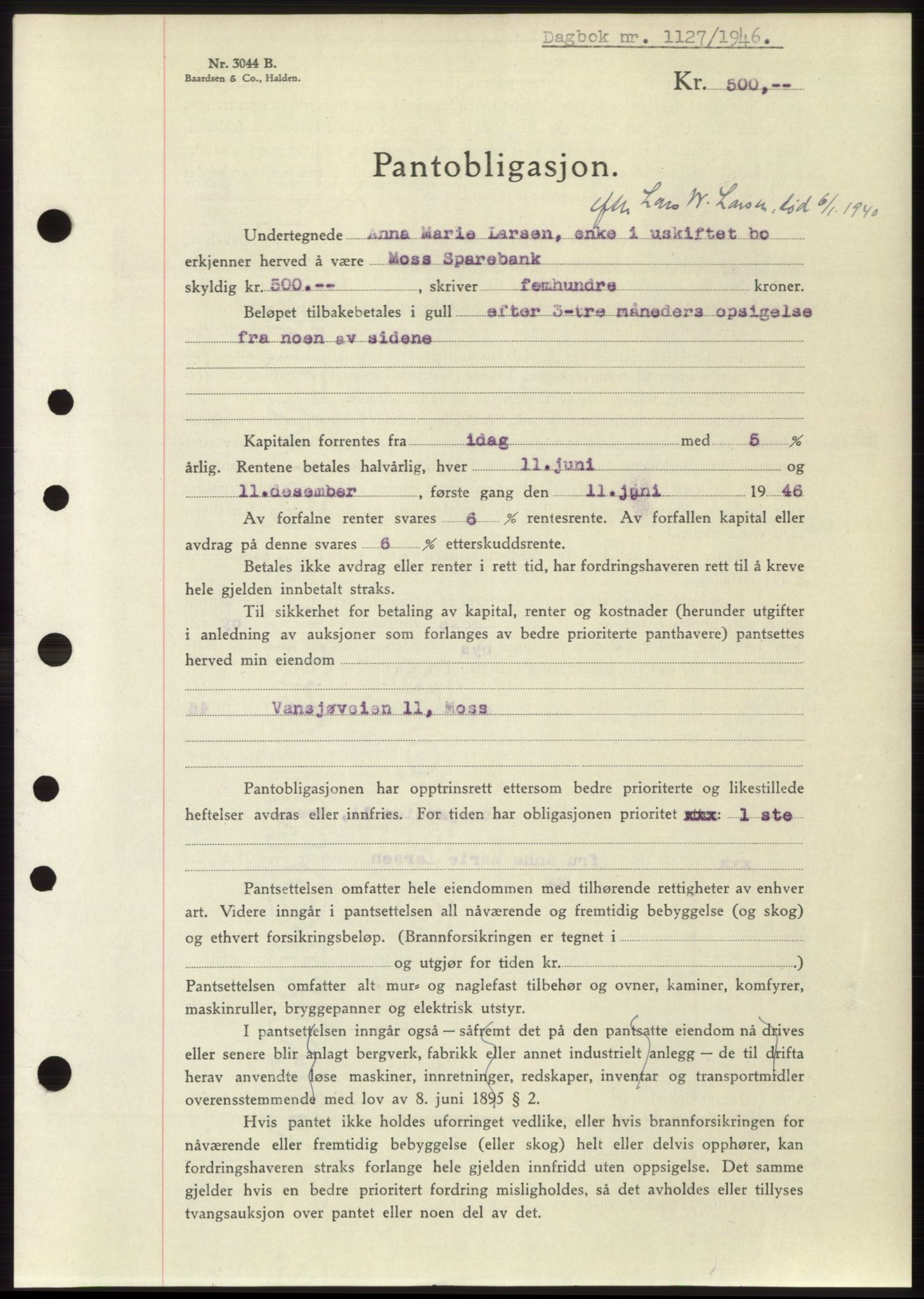 Moss sorenskriveri, SAO/A-10168: Pantebok nr. B15, 1946-1946, Dagboknr: 1127/1946