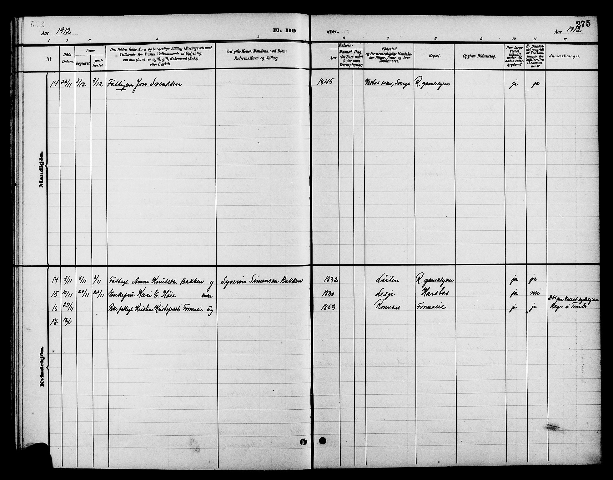 Romedal prestekontor, AV/SAH-PREST-004/L/L0012: Klokkerbok nr. 12, 1896-1914, s. 275