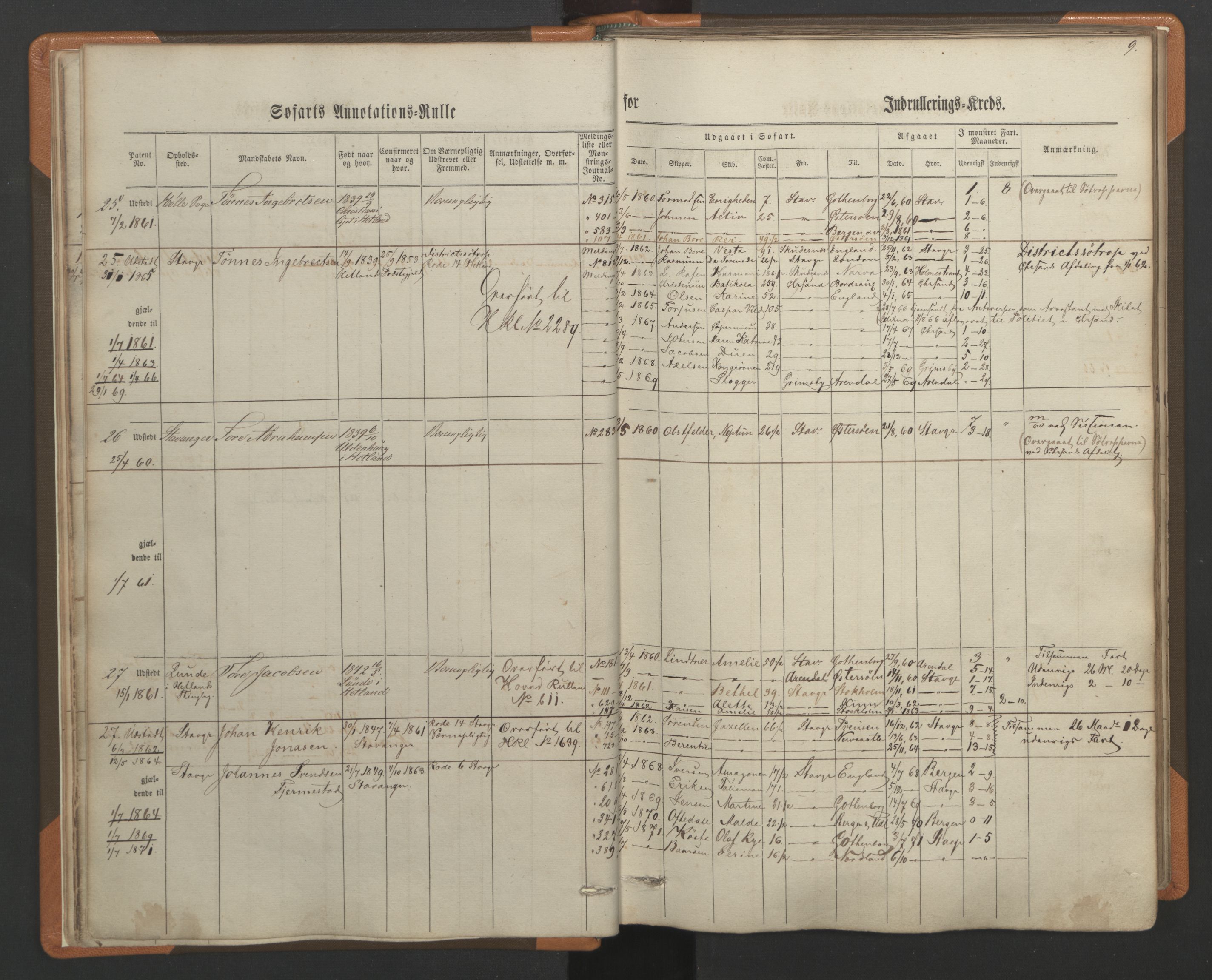 Stavanger sjømannskontor, AV/SAST-A-102006/F/Ff/L0001: Annotasjonsrulle, patentnr. 1-597 (del 1), 1860-1864, s. 16