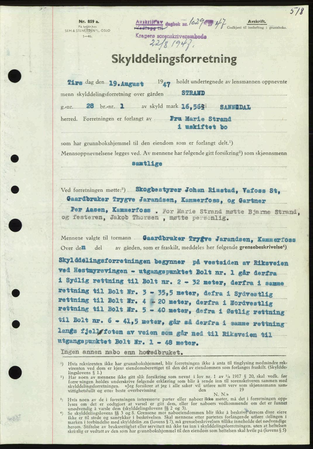 Kragerø sorenskriveri, SAKO/A-65/G/Ga/Gab/L0061: Pantebok nr. A-61, 1947-1947, Dagboknr: 1029/1947