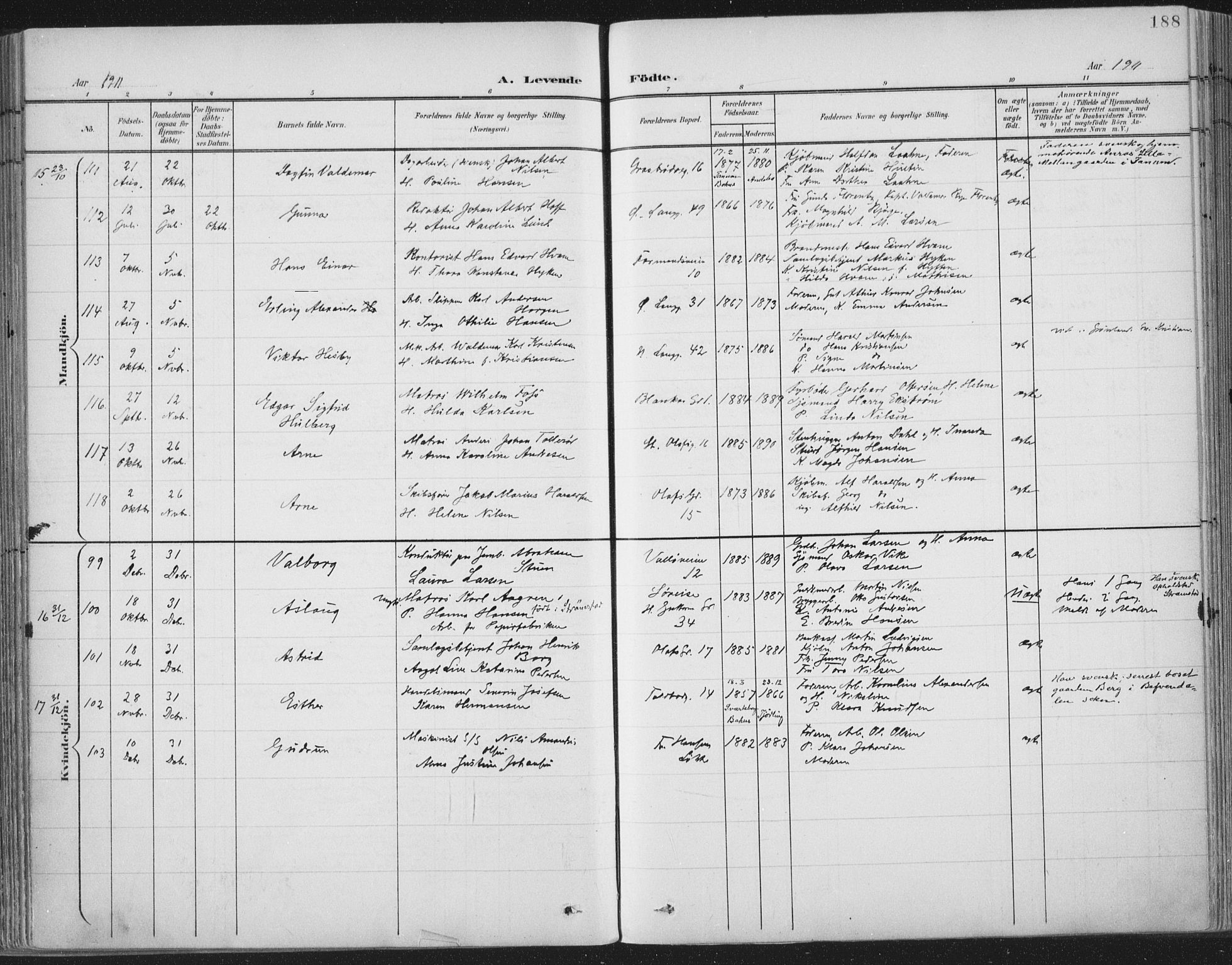 Tønsberg kirkebøker, AV/SAKO-A-330/F/Fa/L0014: Ministerialbok nr. I 14, 1900-1913, s. 188