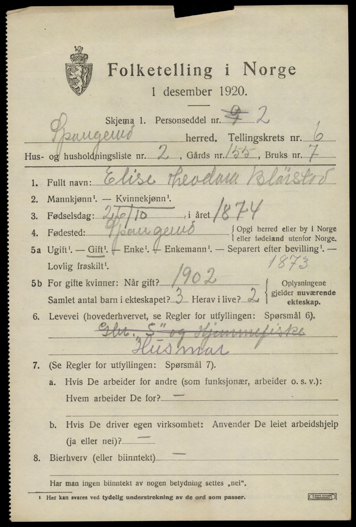 SAK, Folketelling 1920 for 1030 Spangereid herred, 1920, s. 2221