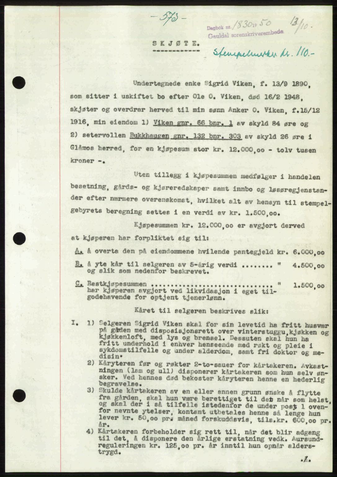 Gauldal sorenskriveri, SAT/A-0014/1/2/2C: Pantebok nr. A11, 1950-1950, Dagboknr: 1830/1950