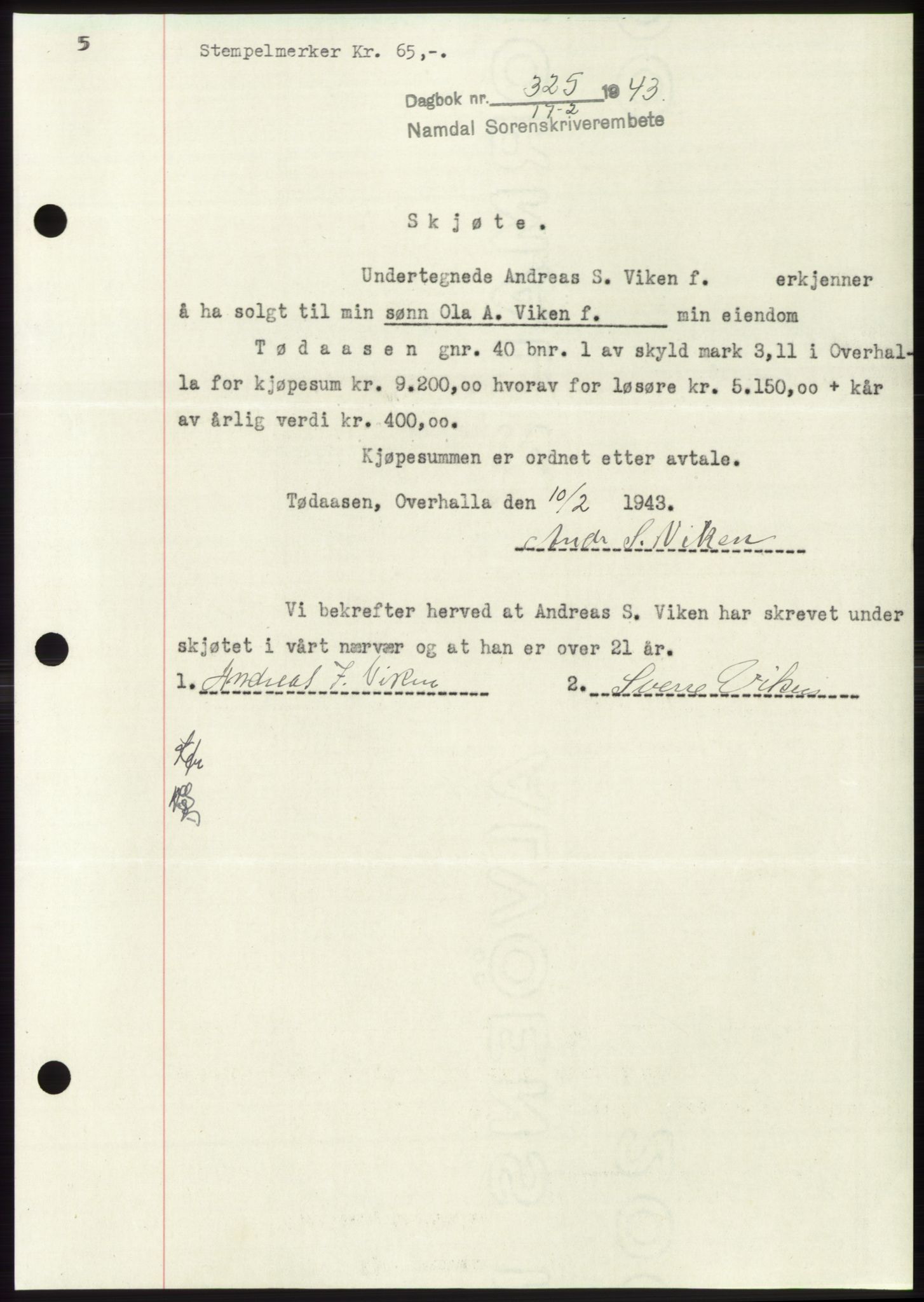 Namdal sorenskriveri, SAT/A-4133/1/2/2C: Pantebok nr. -, 1942-1943, Dagboknr: 325/1943