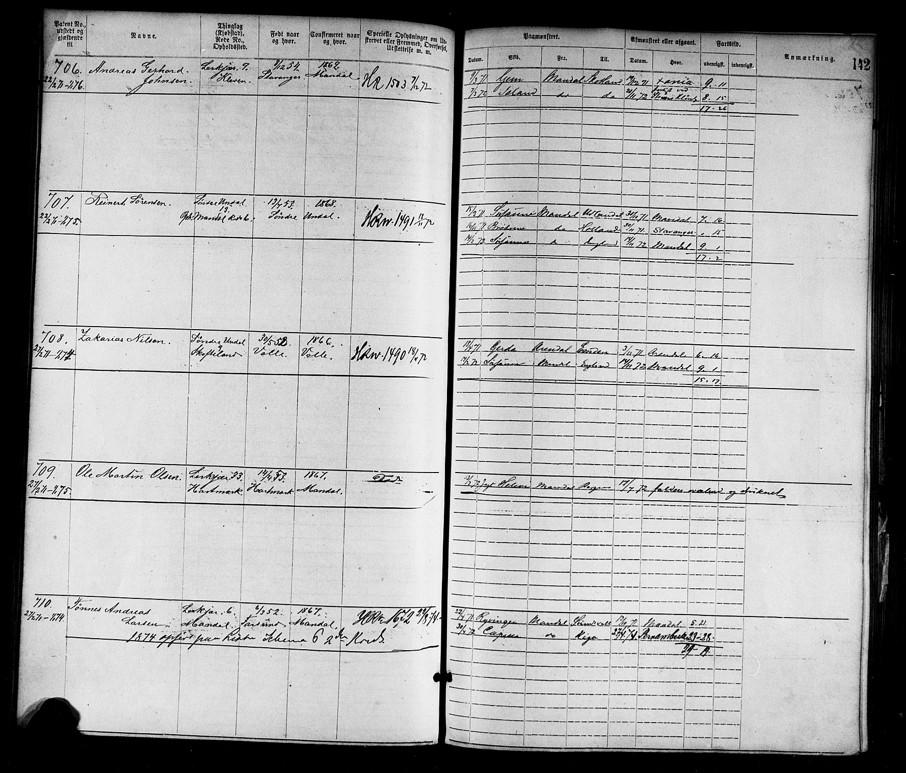 Mandal mønstringskrets, SAK/2031-0016/F/Fa/L0001: Annotasjonsrulle nr 1-1920 med register, L-3, 1869-1881, s. 173