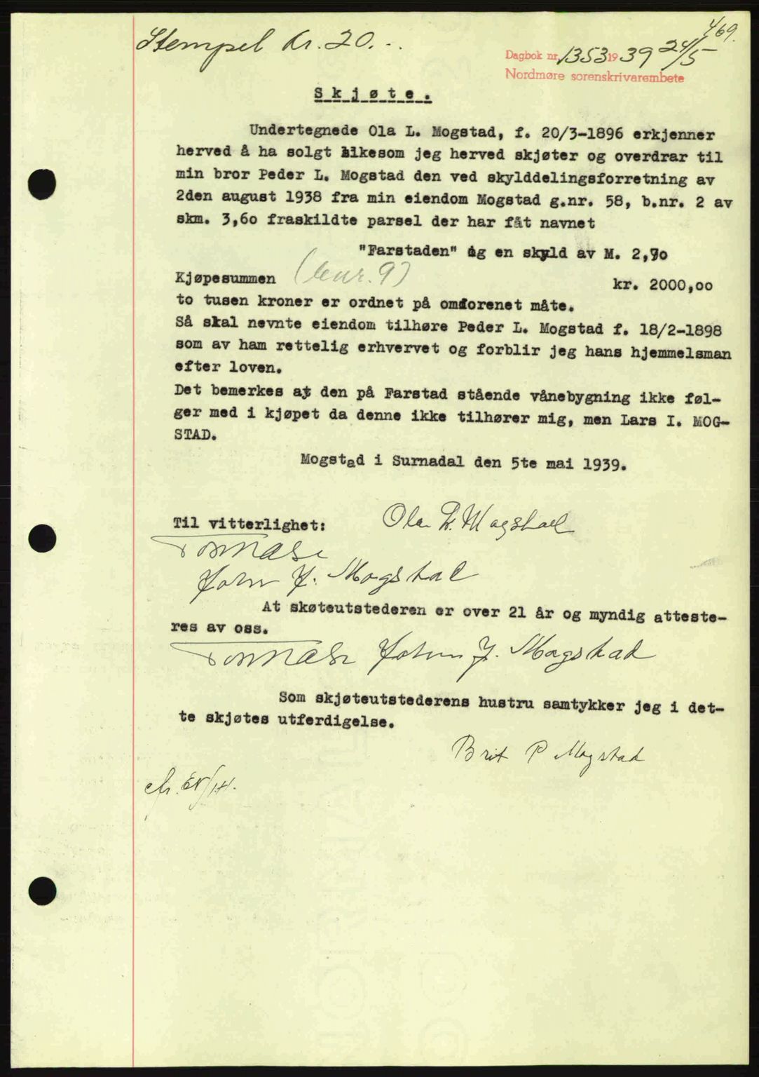 Nordmøre sorenskriveri, SAT/A-4132/1/2/2Ca: Pantebok nr. A86, 1939-1939, Dagboknr: 1353/1939