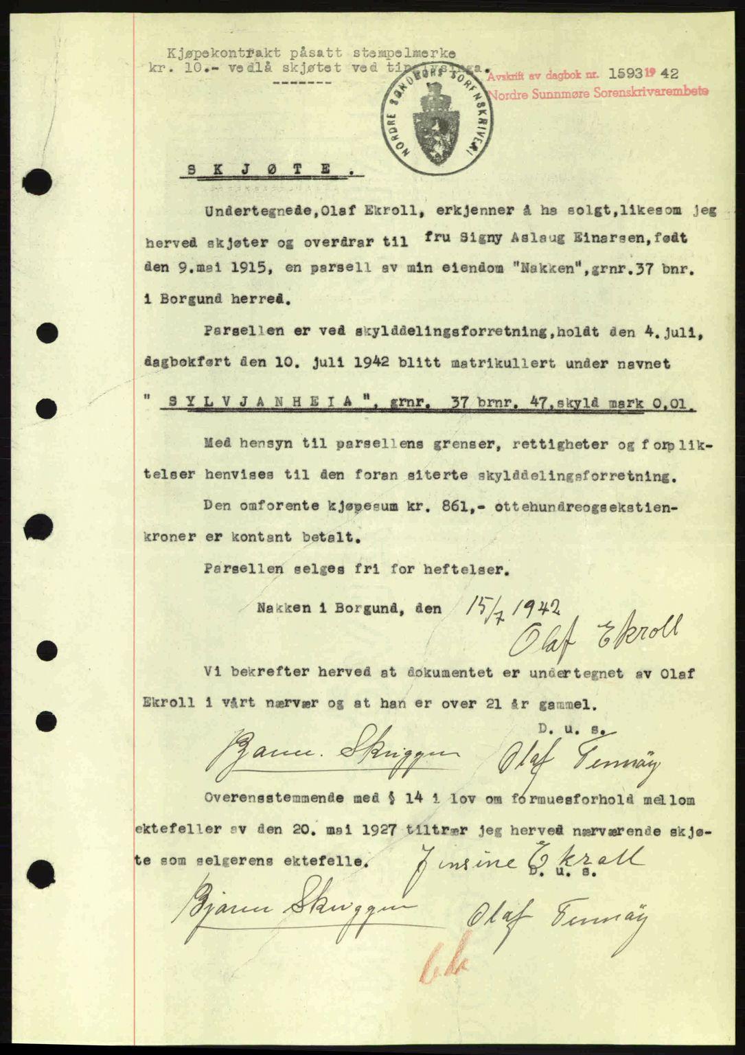 Nordre Sunnmøre sorenskriveri, SAT/A-0006/1/2/2C/2Ca: Pantebok nr. A14, 1942-1942, Dagboknr: 1593/1942
