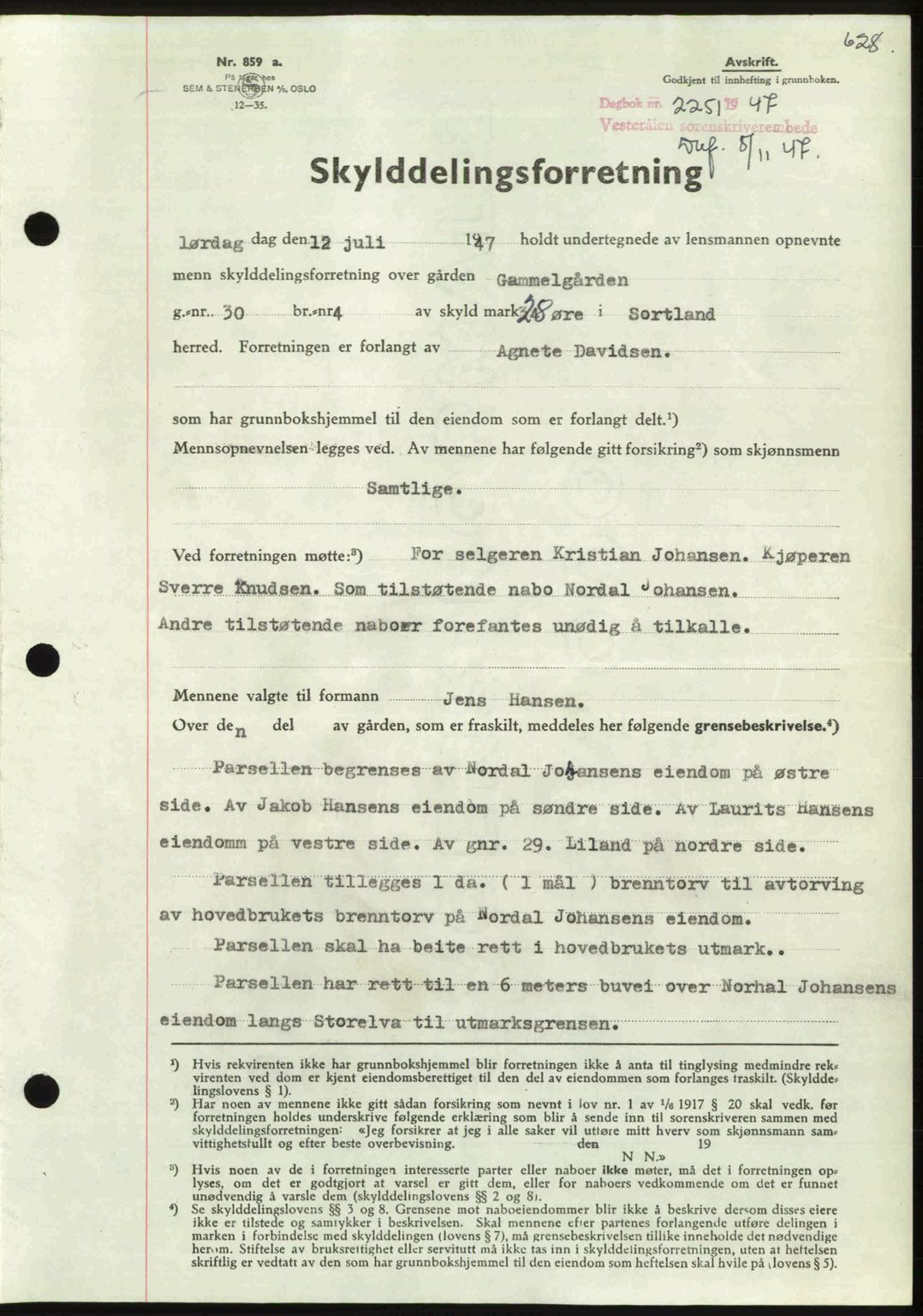 Vesterålen sorenskriveri, SAT/A-4180/1/2/2Ca: Pantebok nr. A21, 1947-1947, Dagboknr: 2251/1947