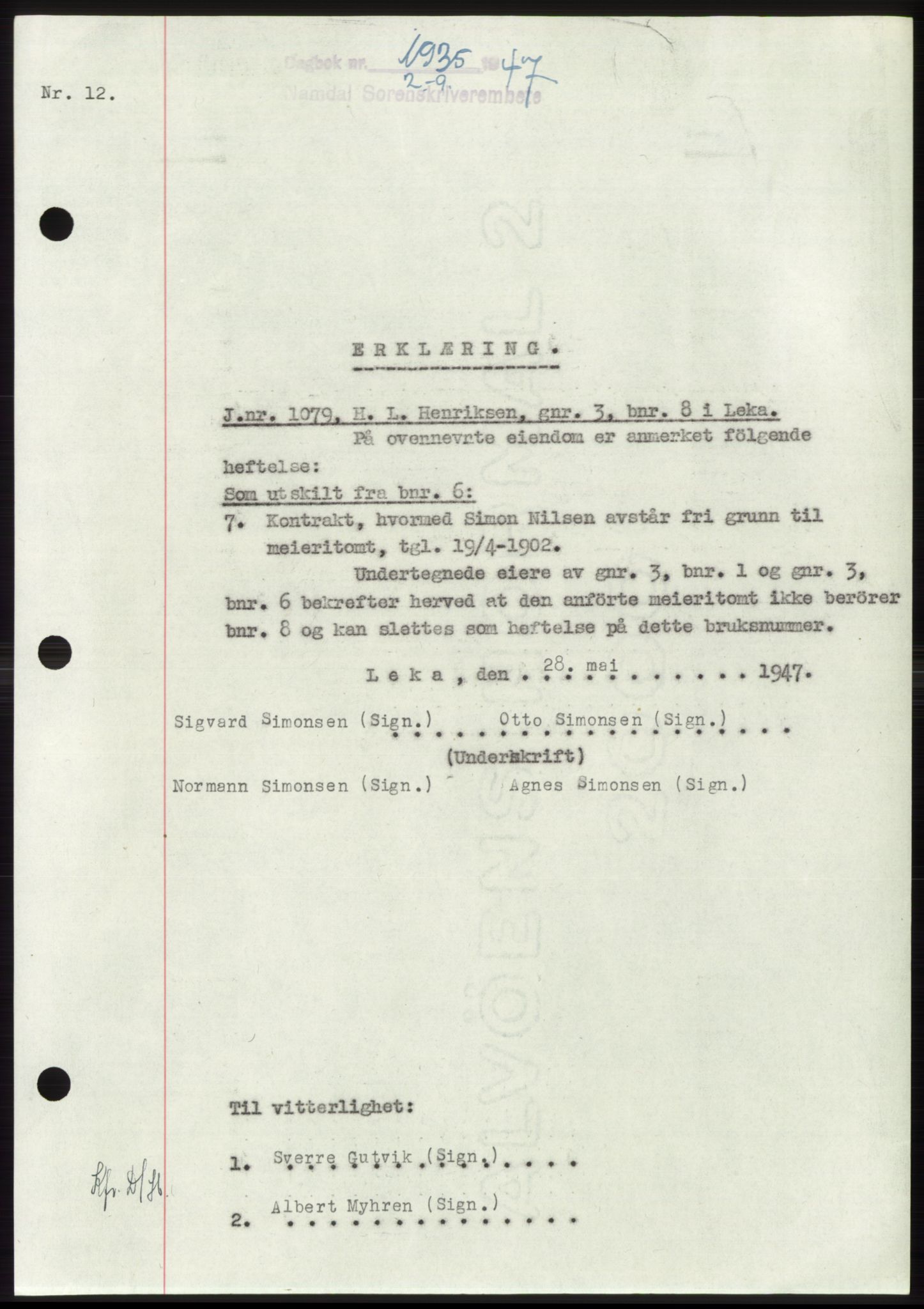 Namdal sorenskriveri, SAT/A-4133/1/2/2C: Pantebok nr. -, 1947-1947, Dagboknr: 1935/1947